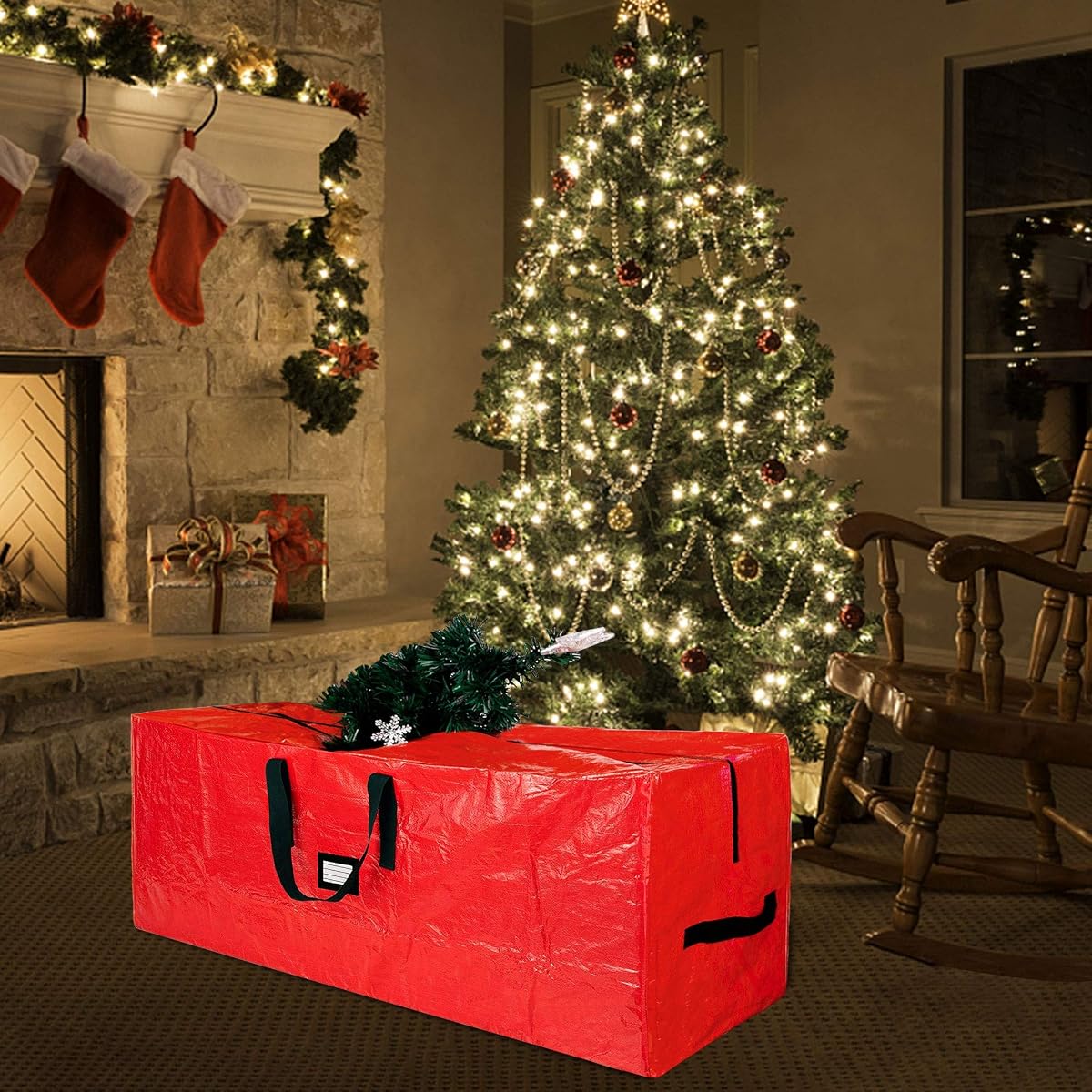 Lulu Home 50" L x 20" W x 15" H Christmas Tree Storage Bag, Red Polyester Artificial Tree Storage Bag with Dual Zippers and Sturdy Handles, Portable Waterproof for Easy Xmas Tree Storage - detail image 5