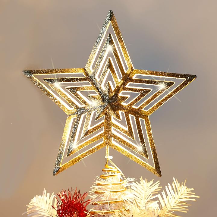 Lulu Home Christmas Tree Topper, 11.8" X 9.5" Golden Christmas LED Star Tree Topper, 20 LED Lighted Xmas Tree Star Topper Christmas Tree Ornament Decoration