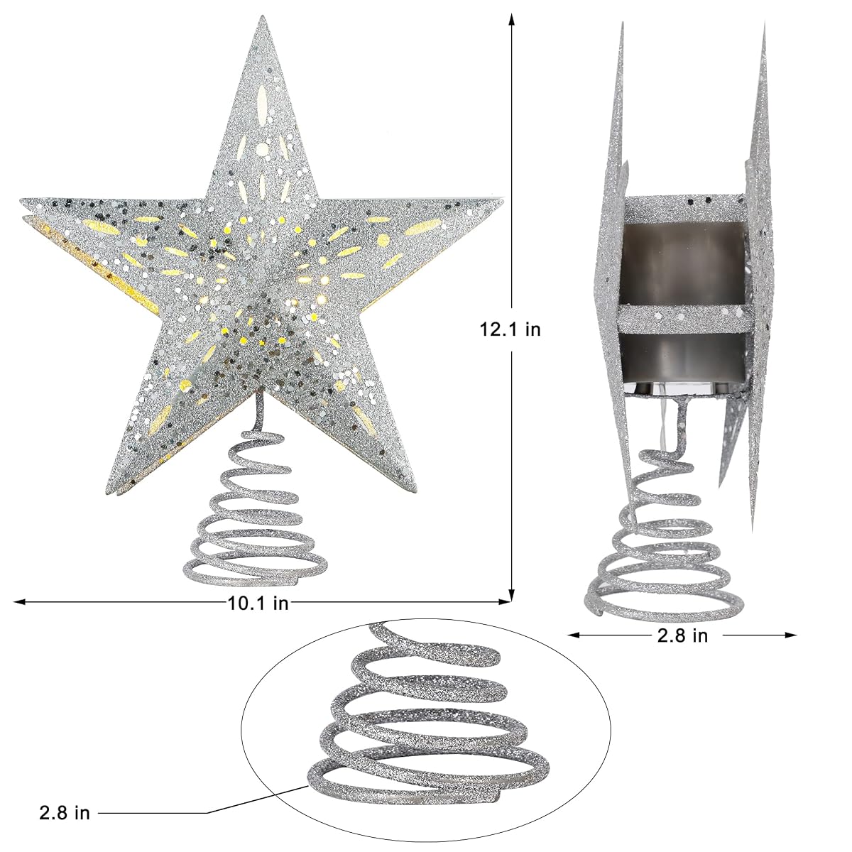 Lulu Home Christmas Tree Topper with Projector, 3D Hollow Glittered Metal Tree Topper with Rotating Star Projection, Plug-In Led Lighted Xmas Tree Star Topper for Christmas Decoration, 12 Inch, Silver - imagem de detalhe 1