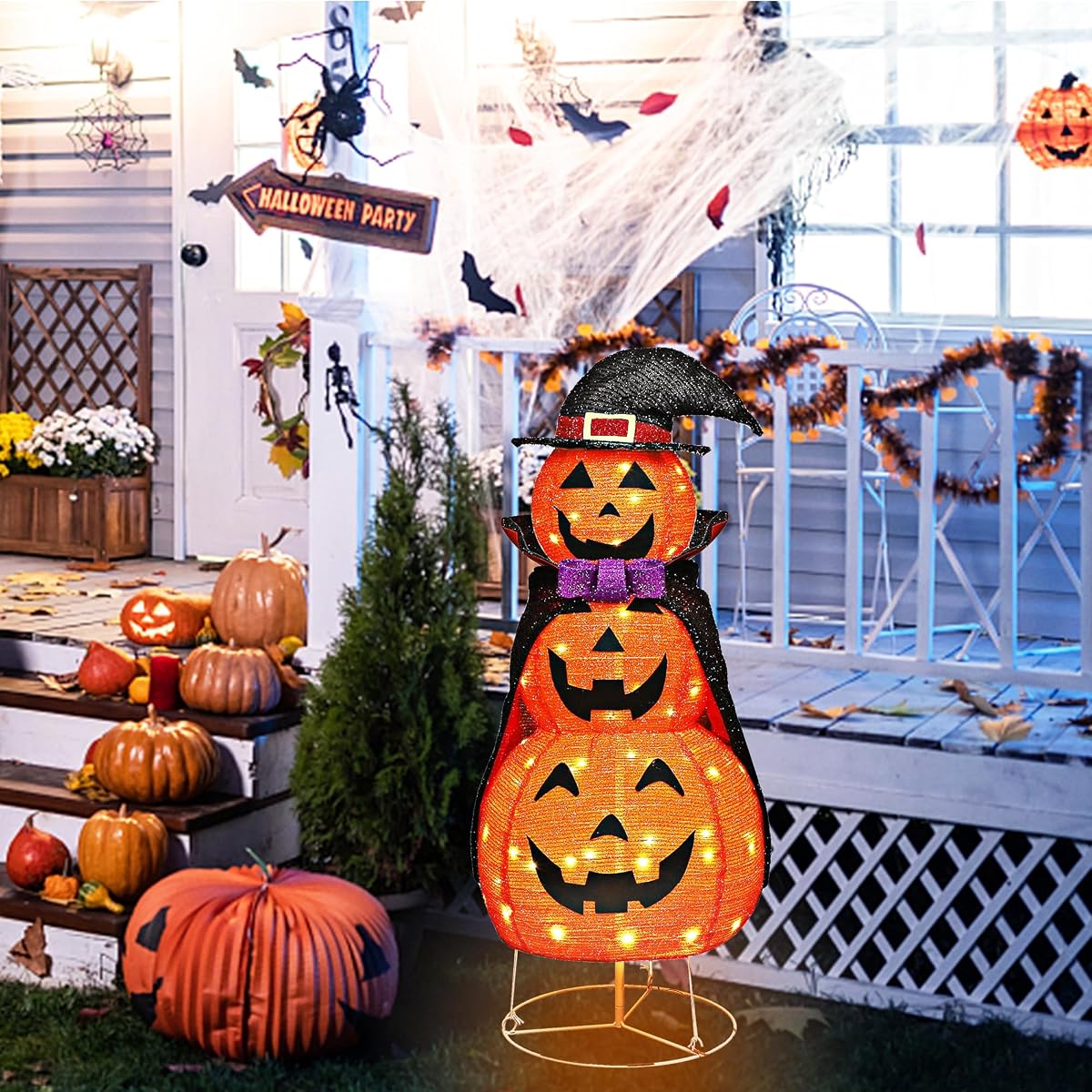 Lulu Home 3.5FT Light Up Halloween Decoration, 60 LED Collapsible Stacked Pumpkins with Vampire Cloak, Plug-in Pre-lit Jack-O-Lantern Front Door Porch Indoor Outdoor Decoration - imagen de detalle 4