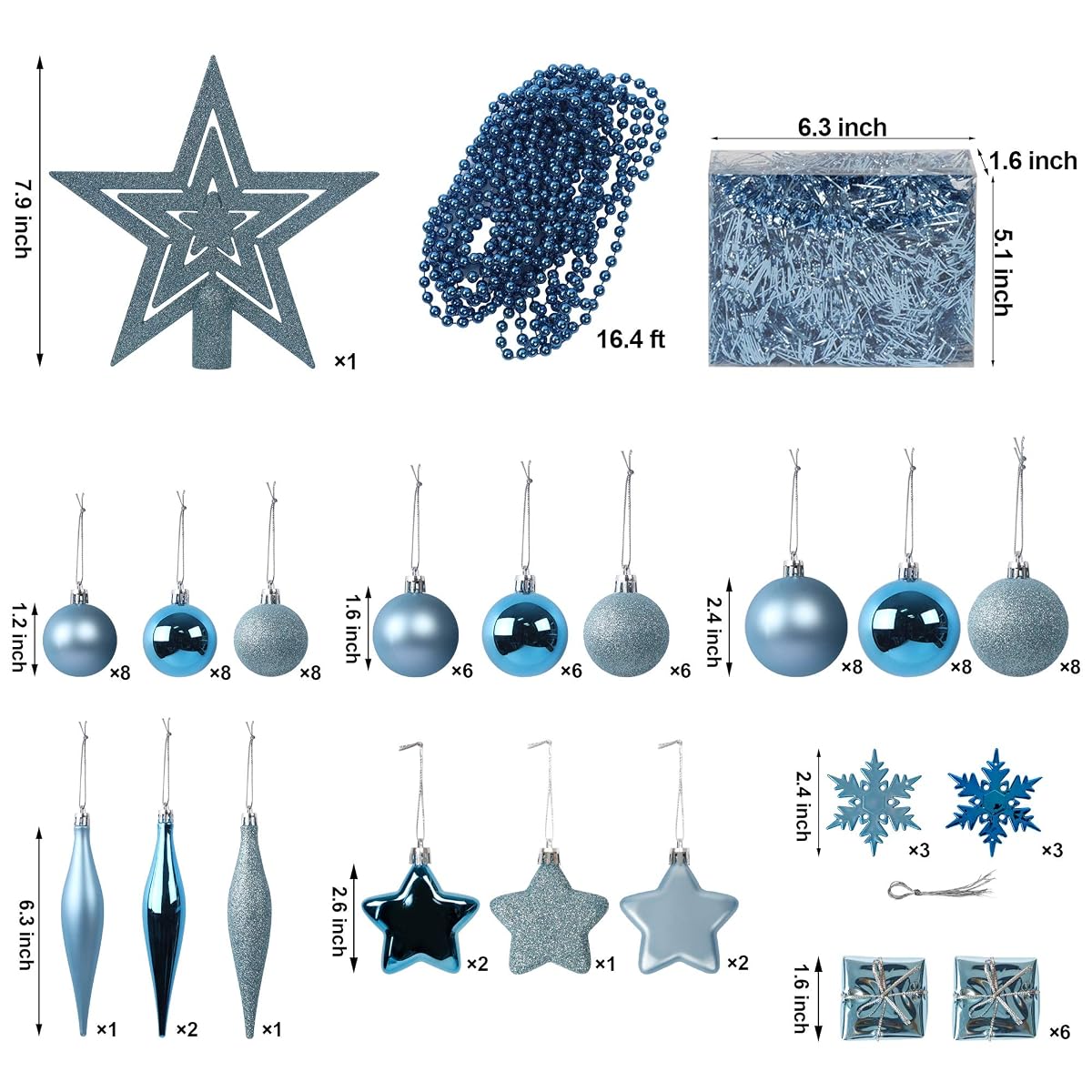 Lulu Home Assorted Christmas Tree Ornaments Set, 90 Pieces Including Balls Shuttle Five-Pointed Star Snowflakes Tree Top Star Mini Gift Boxes Tinsel Garland Bead Chain, Pre-Strung - imagem de detalhe 2