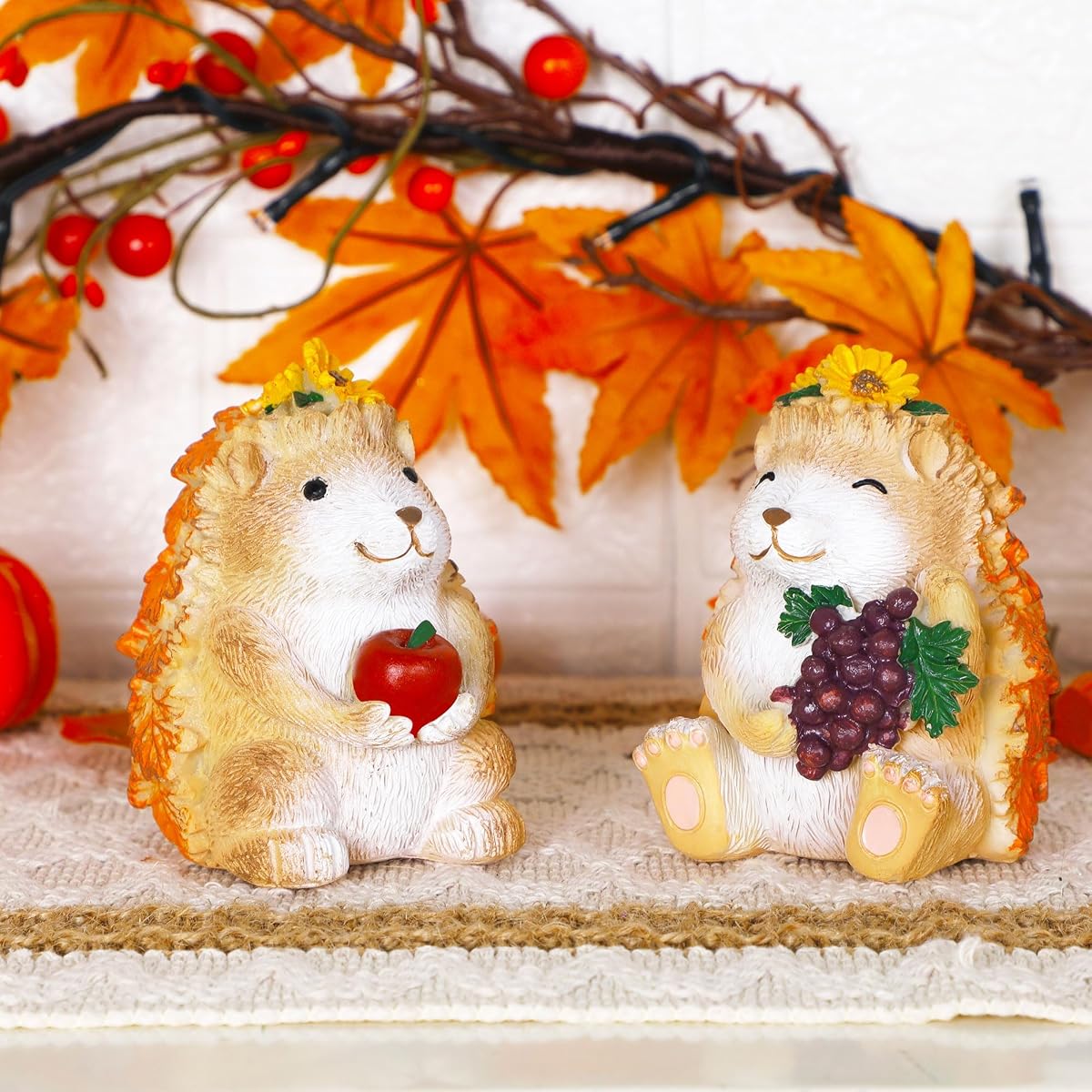 Lulu Home Fall Decorations for Home, 2 Packs Harvest Hedgehog Resin Sculpture with Maple Leaves & Fruits, Autumn Tabletop Ornaments Craft Decor for Thanksgiving and Fall Season - detail image 3
