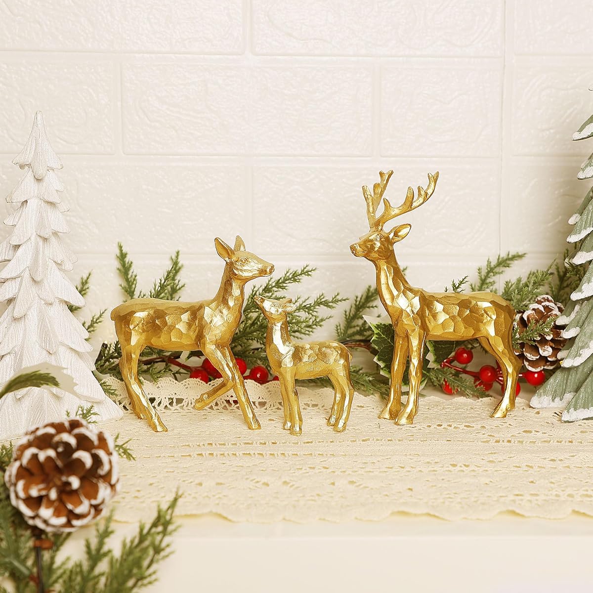 Lulu Home 3 PCS Christmas Tabletop Decorations, Resin Golden Reindeer Family Figurines with Diverse Postures, Xmas Holiday Winter Centerpieces Ornaments for Mantel Shelf Sill Decor(Family) - detail image 6