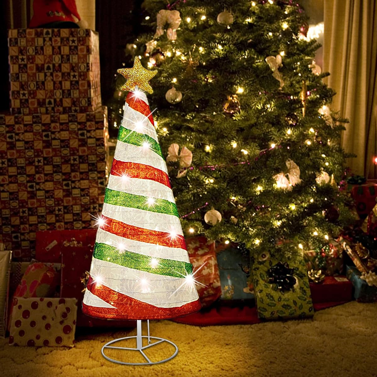 Lulu Home 35 Inch Collapsible Christmas Tree Decor, 48 LED Pre-lit Fabric Christmas Tree with Star Topper, Plug-in Foldable Light Up Spiral Cone Xmas Tree Indoor Outdoor Yard Decor, Red & Green - detail image 4