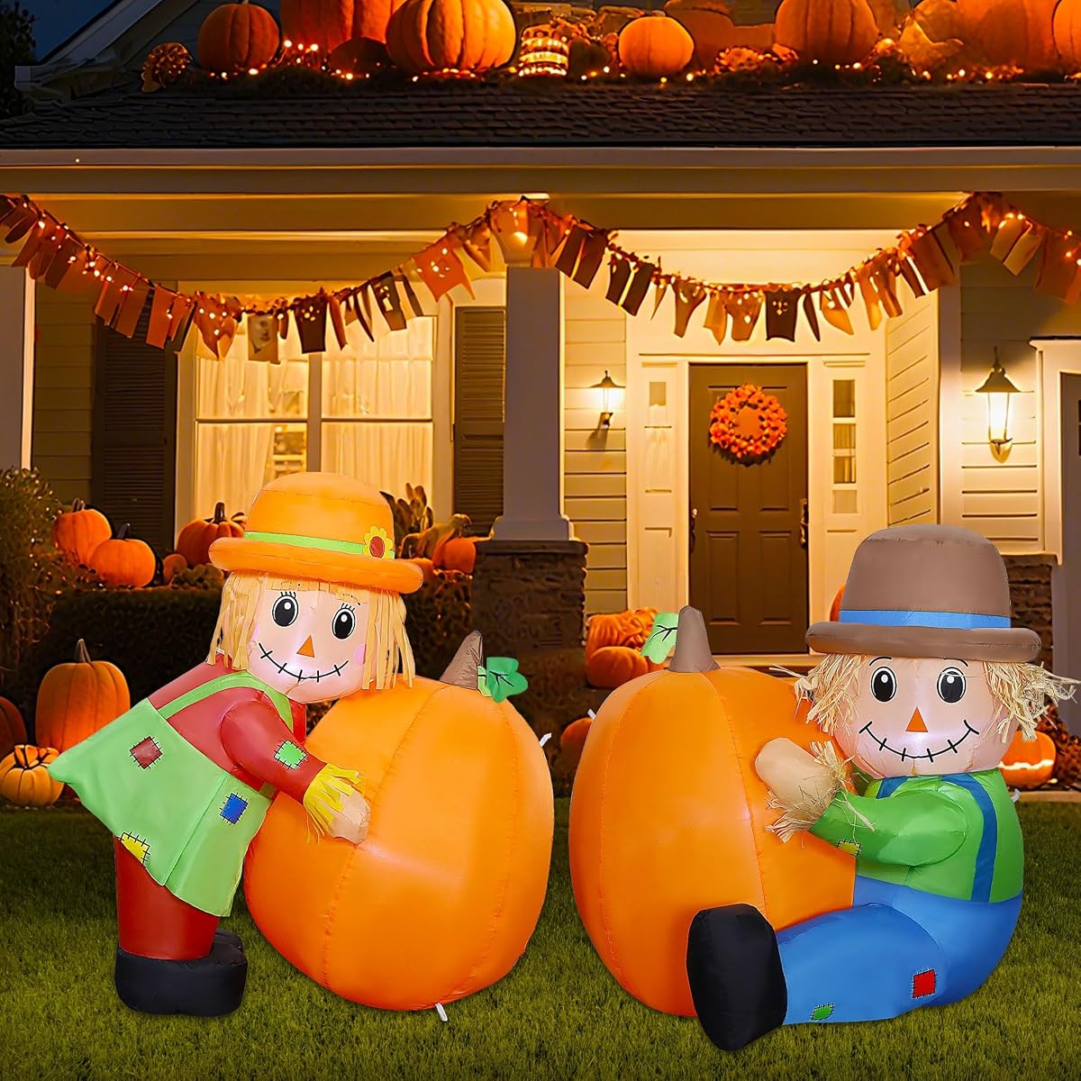 Lulu Home Thanksgiving Inflatable Decoration, Set of 2 Air Blown Scarecrow Couples with Built-in LED Lights for Fall Autumn Harvest Decor (Sitting & Standing Scarecrows) - imagem de detalhe 6