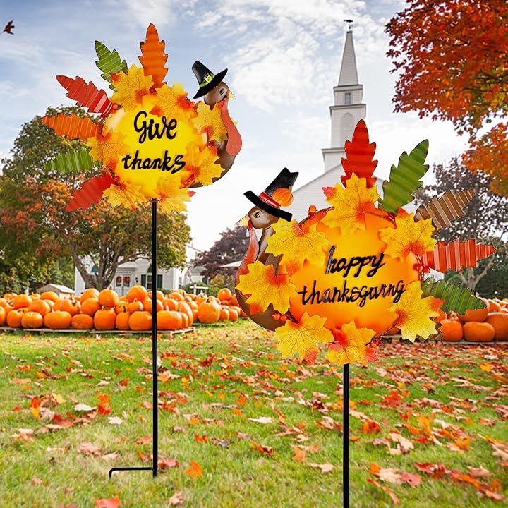 Lulu Home Thanksgiving Turkey Decors, 36" Give Thanks Metal Turkey Stakes Adorned with Maple Leaves Pumpkins, Happy Thanksgiving Autumn Fall Lawn Yard Outdoor Decorations, 2 Pack