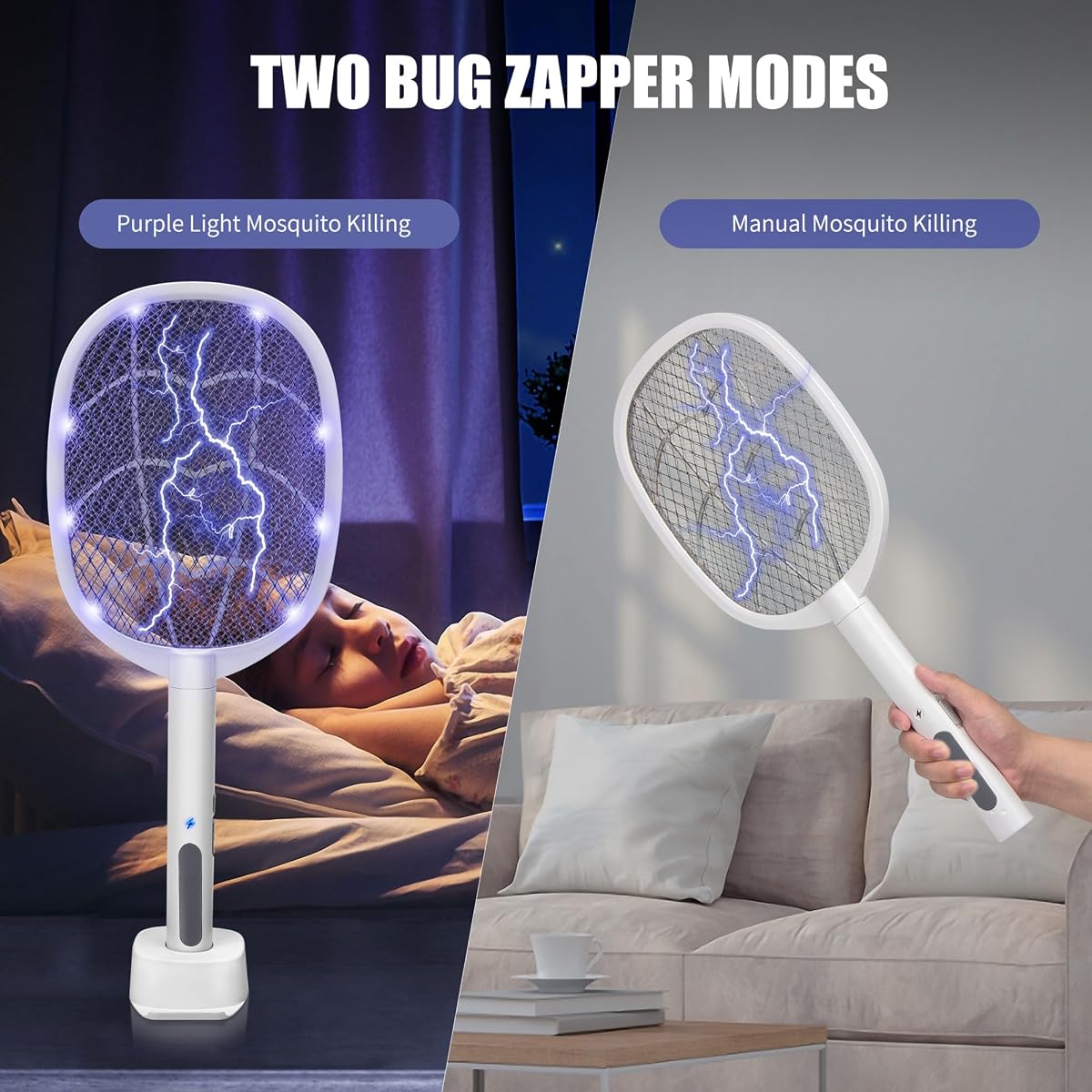 Lulu Home 2-in-1 Electric Bug Zapper Racket, 2 Pack 4000V High Voltage LED Lighted Handheld Mosquito Swatter with 3 Layer Safety Mesh, USB Charging Portable Fly Killer Racquet - detail image 2