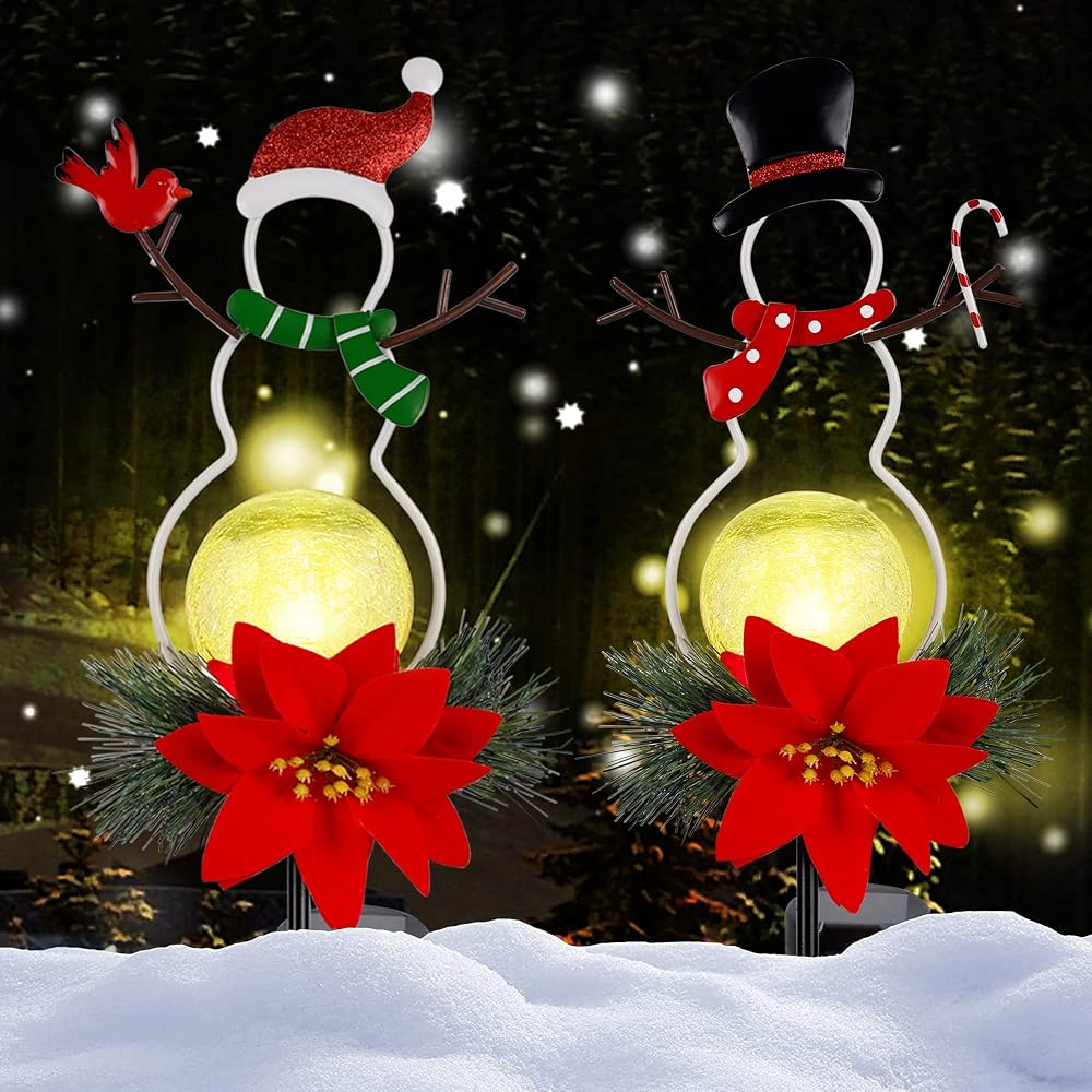 Lulu Home Christmas Yard Stakes, 31" Metal Snowman Garden Stakes with Solar Lighted Led Glass Balls for Xmas Holiday Winter Lawn, Pathway, Sidewalk Outdoor Decorations, Set of 2