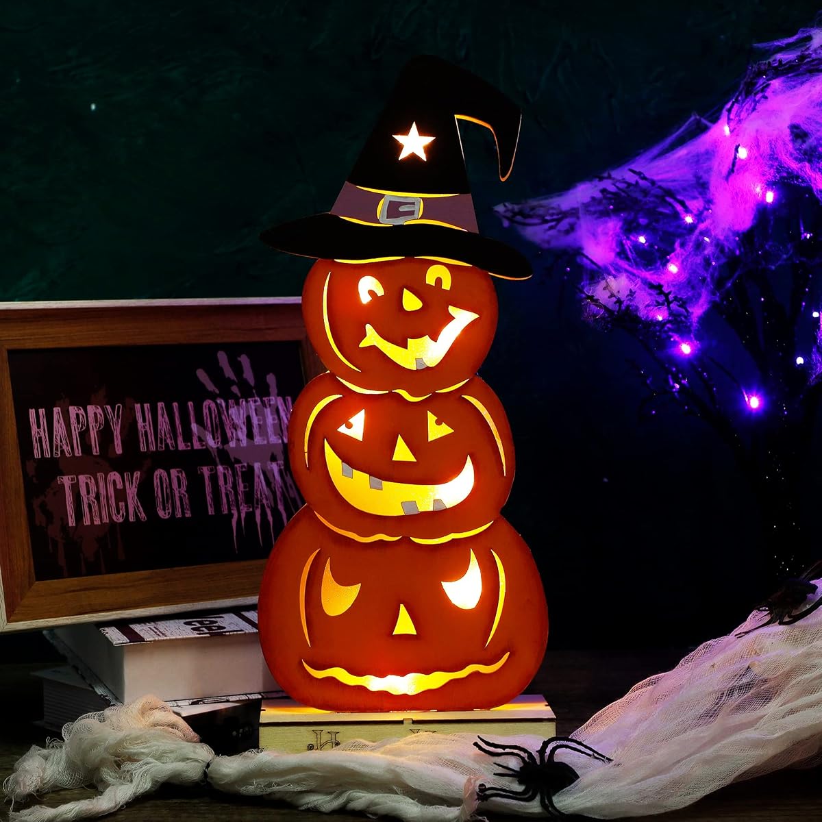 Lulu Home Halloween Tabletop Decoration, Wooden Lighted Stacked Jack-O-Lantern Decoration, Battery Operated Pumpkin Sign Indoor Fireplace Desk Kitchen Table Ornament, 16 x 6.5 x 2.7 in - imagem de detalhe 5