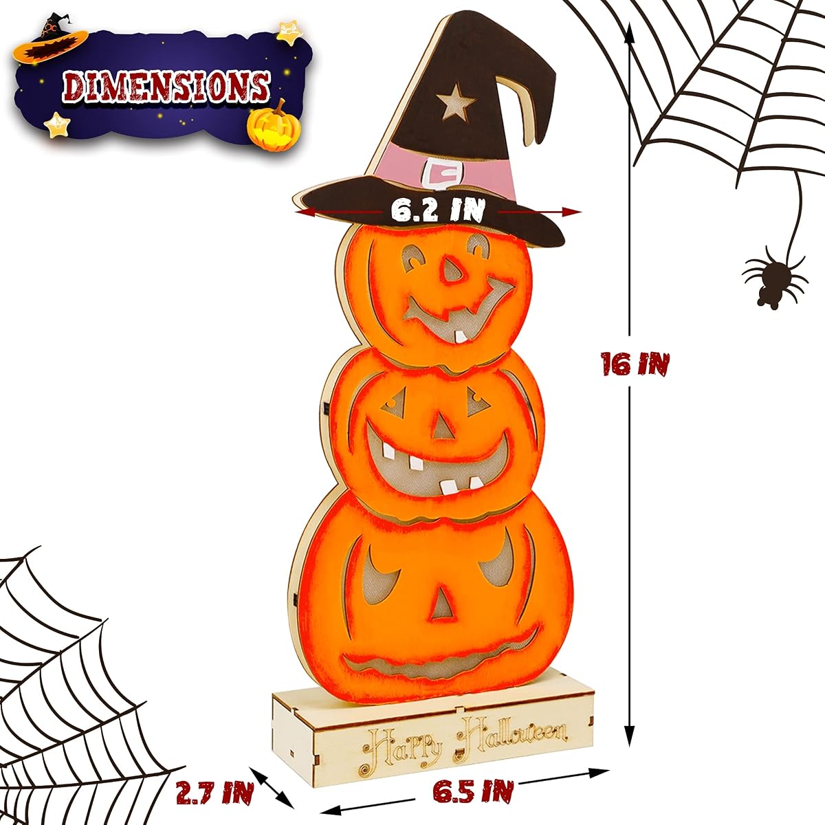 Lulu Home Halloween Tabletop Decoration, Wooden Lighted Stacked Jack-O-Lantern Decoration, Battery Operated Pumpkin Sign Indoor Fireplace Desk Kitchen Table Ornament, 16 x 6.5 x 2.7 in - imagem de detalhe 1