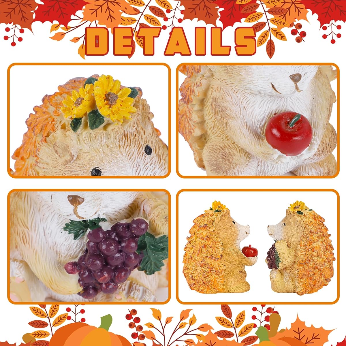 Lulu Home Fall Decorations for Home, 2 Packs Harvest Hedgehog Resin Sculpture with Maple Leaves & Fruits, Autumn Tabletop Ornaments Craft Decor for Thanksgiving and Fall Season - detail image 2