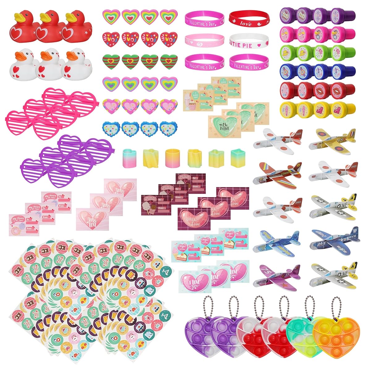 Lulu Home 136 PCS Valentine's Day Party Favors for Kids, Heart Shaped Glasses, Rubber Ducks, Erasers, Slinky, Bracelets, Stampers and more Novelty Toys Assortment for Classroom Prizes Gift Exchange - imagem de detalhe 6