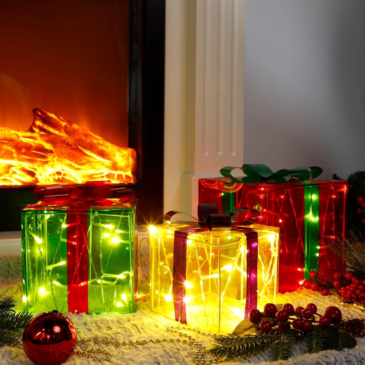 Lulu Home Christmas Lighted Gift Boxes, 60 LED Light Up Deocr Outdoor, Light Up Christmas Boxes Present Decorations Outdoor Yard Red Green Yellow - imagen de detalle 2