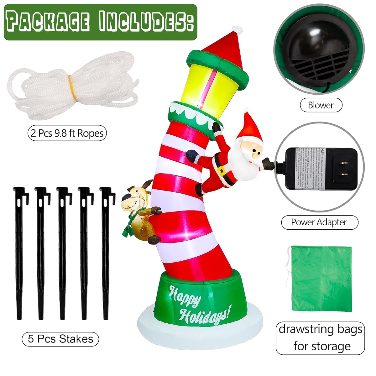 Lulu Home 9FT Christmas Inflatable Decorations, Giant Lighted Lighthouse with Santa and Reindeer, Xmas Blowups with Drawstring Bags for Winter Holiday Yard Lawn Garden Outdoor Decor - imagen de detalle 2