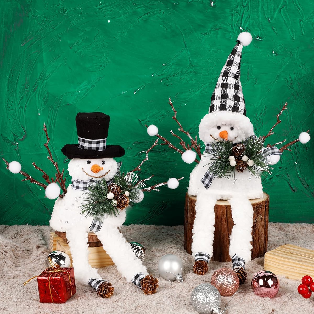 Lulu Home Christmas Snowman Decorations, Set of 2 Plush Shelf Sitters with Dangling Legs, Buffalo Checked Christmas Snowman Ornaments for Table Mantel Desk Fireplace Home Holiday Decor - detail image 6
