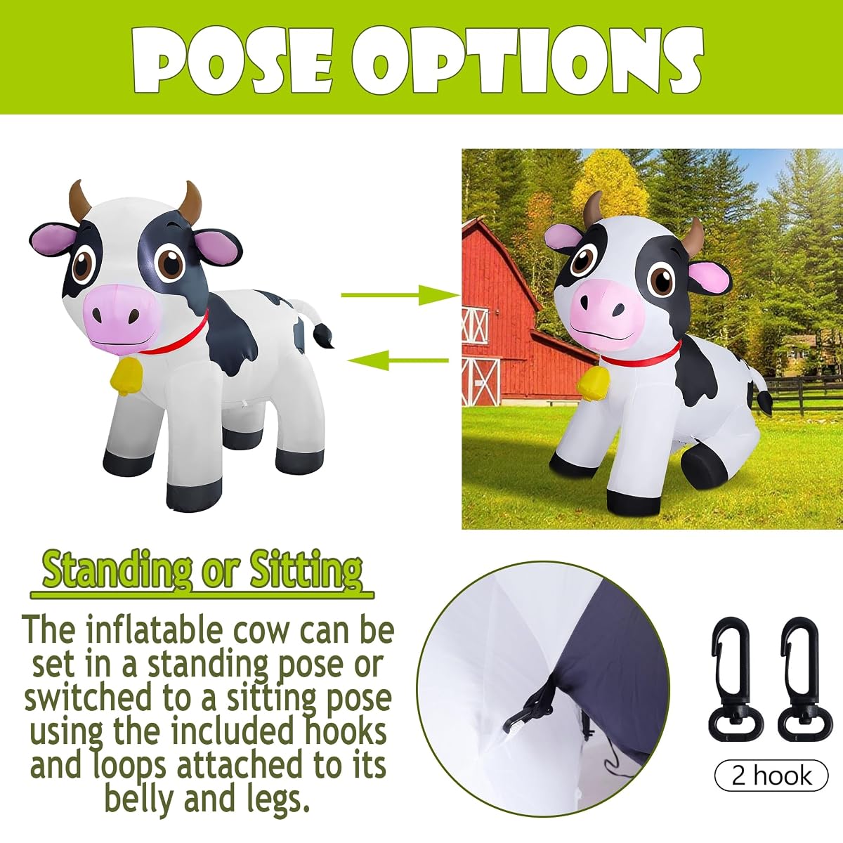 Lulu Home 6FT Inflatable Cow Decoration, Giant Blow Up Dairy Cattle with Built-in LED Lights, Air-Blown Animal Spring Summer Holiday Display for Yard Garden Lawn Indoor Outdoor Farm-Themed Party Decor - imagen de detalle 3