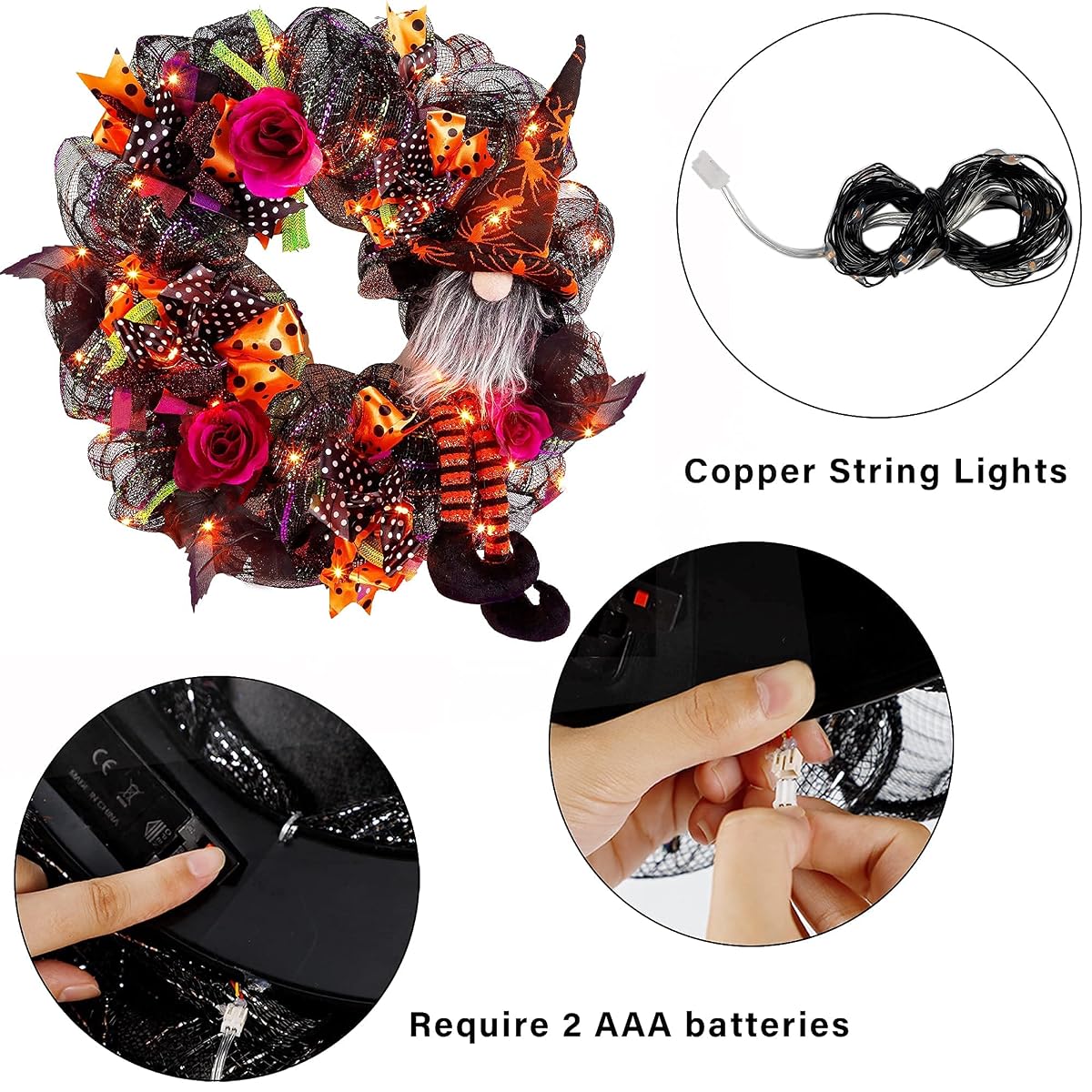 Lulu Home Halloween Wreath, 30 LED Orange Lighted Front Door Wreath with Gnome Mesh Decor, Battery Operated Halloween Wired Ribbon Wreath Artificial Door Wreath Hanging Ornament, NOT PRELIT - imagem de detalhe 4