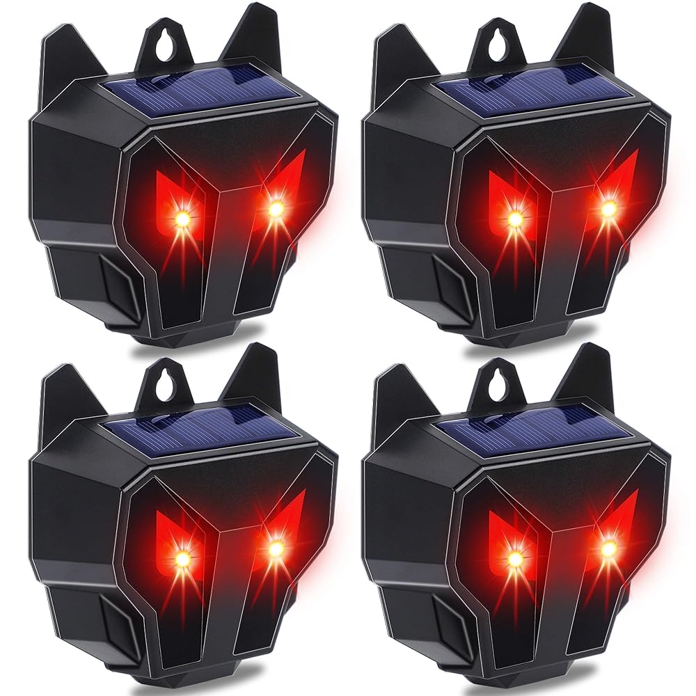 Lulu Home 4 Packs Solar Animal Repeller, Nocturnal Predator Deterrents with Red LED Flashing Lights Drive Away Raccoons, Deer, Skunks, Coyotes, Birds, Foxes from Chicken Coop Yard Farm
