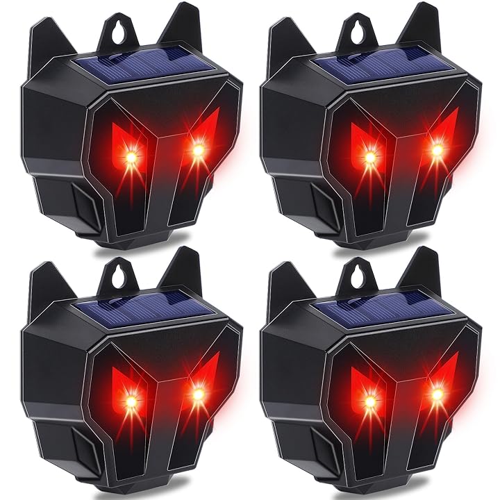 Lulu Home 4 Packs Solar Animal Repeller, Nocturnal Predator Deterrents with Red LED Flashing Lights Drive Away Raccoons, Deer, Skunks, Coyotes, Birds, Foxes from Chicken Coop Yard Farm