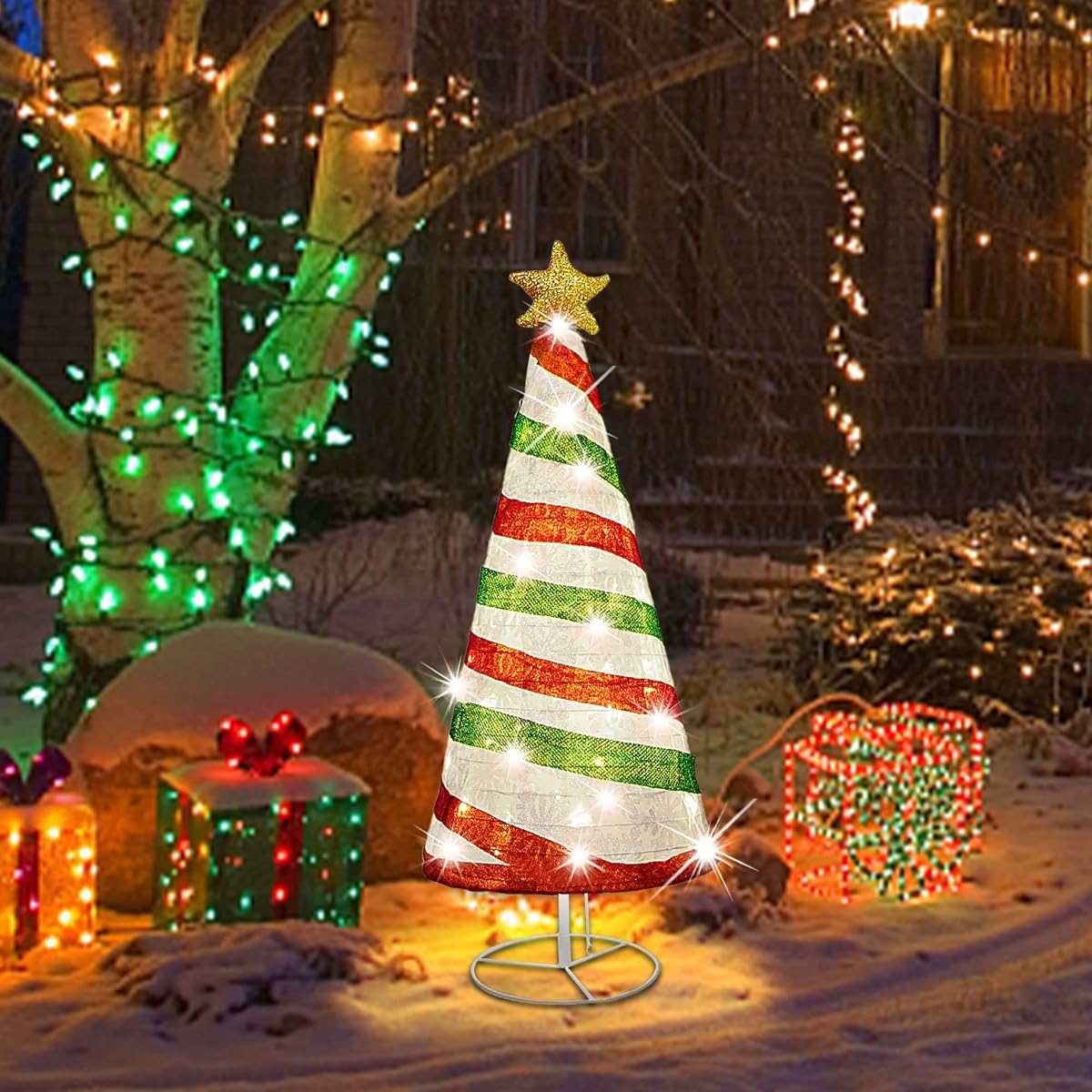 Lulu Home 35 Inch Collapsible Christmas Tree Decor, 48 LED Pre-lit Fabric Christmas Tree with Star Topper, Plug-in Foldable Light Up Spiral Cone Xmas Tree Indoor Outdoor Yard Decor, Red & Green - detail image 3