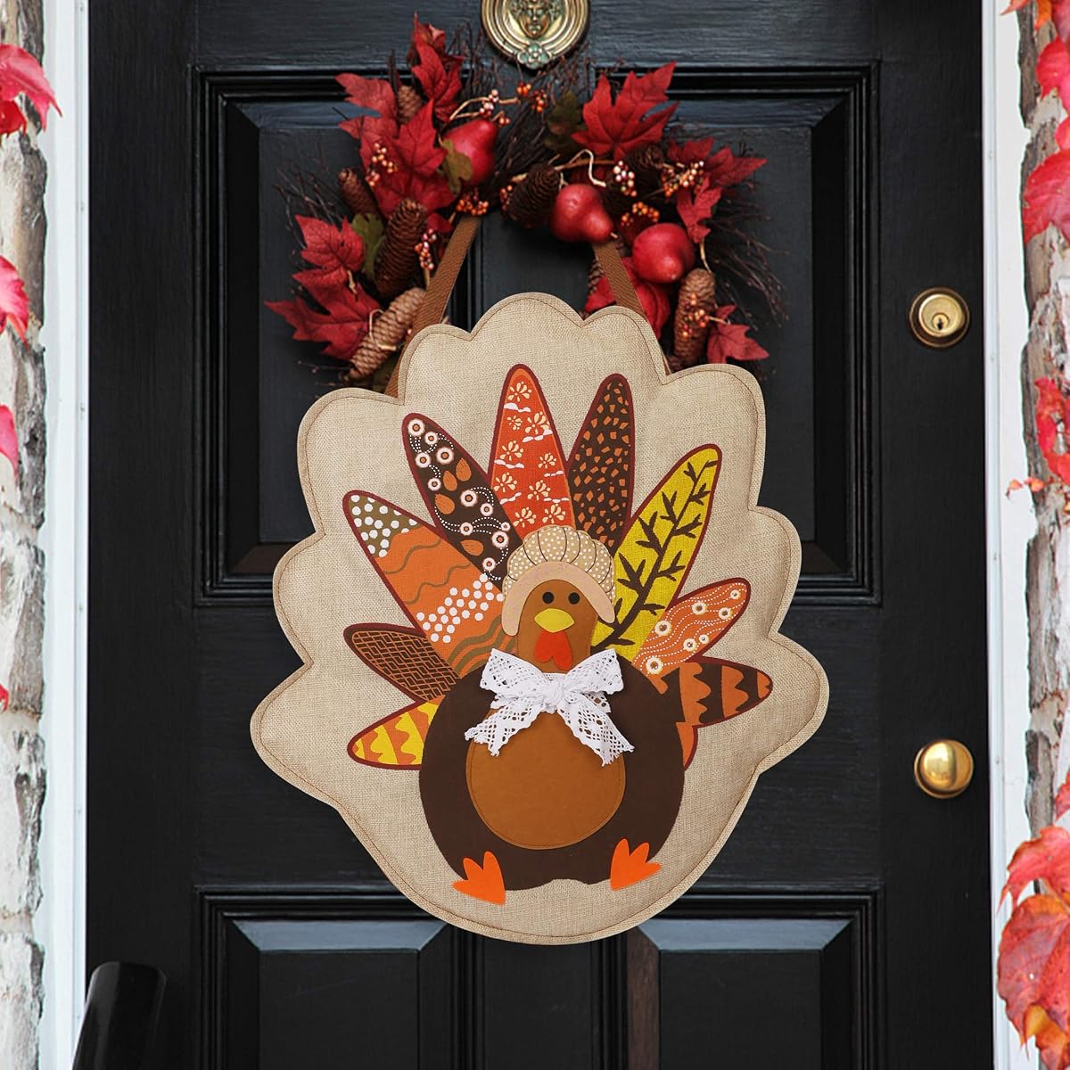 Lulu Home Thanksgiving Door Hainging Decoration, Fall Harvest Burlap Turkey Hanging Decor, Fall Thanksgiving Wall Decorations, Turkey Front Door Hanging Sign, Home Burlap Door Decor for Autumn - detail image 2