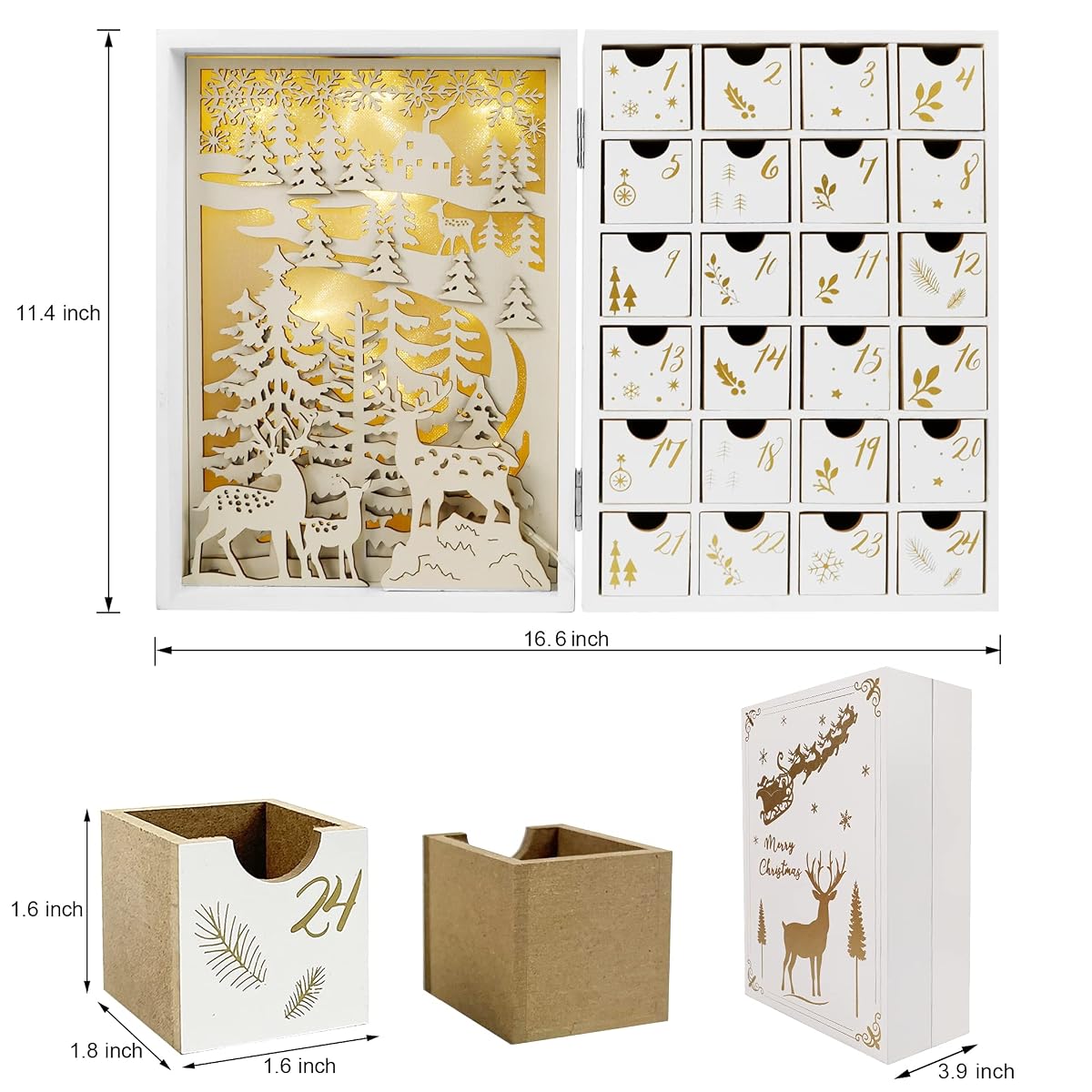 Lulu Home Christmas Wooden Advent Calendar with Drawers, LED Light Up Reusable Advent Book 24 Days Countdown to Christmas, Large Fill Your Own Advent Box Christmas Table Top Decorations - 细节图 1