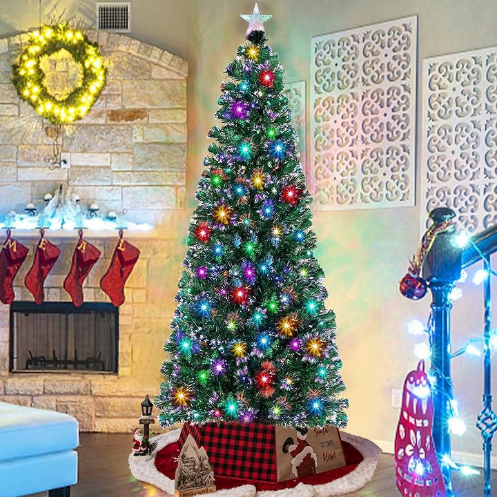 Lulu Home Prelit Christmas Tree, 7FT Artificial Fiber Optic Tree with 270 Branches and Topper Star, 275 LED Colorful Lighted Xmas Green Pine Tree with Metal Stand for Indoor Outdoor Holiday Decoration