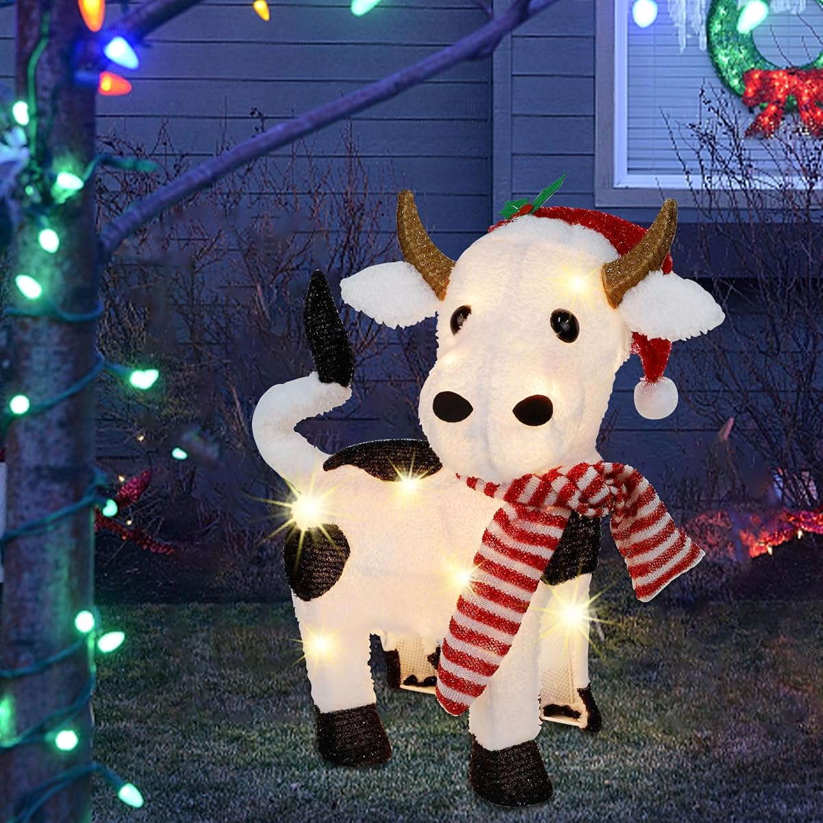 Lulu Home 21" H Christmas Yard Decoration, 3D Pre-lit Cow with 35 Warm White Lights, Light Up Diary Cattle Wearing Scarf & Santa Hat for Xmas Indoor Outdoor Holiday Lighted Display - imagen de detalle 3