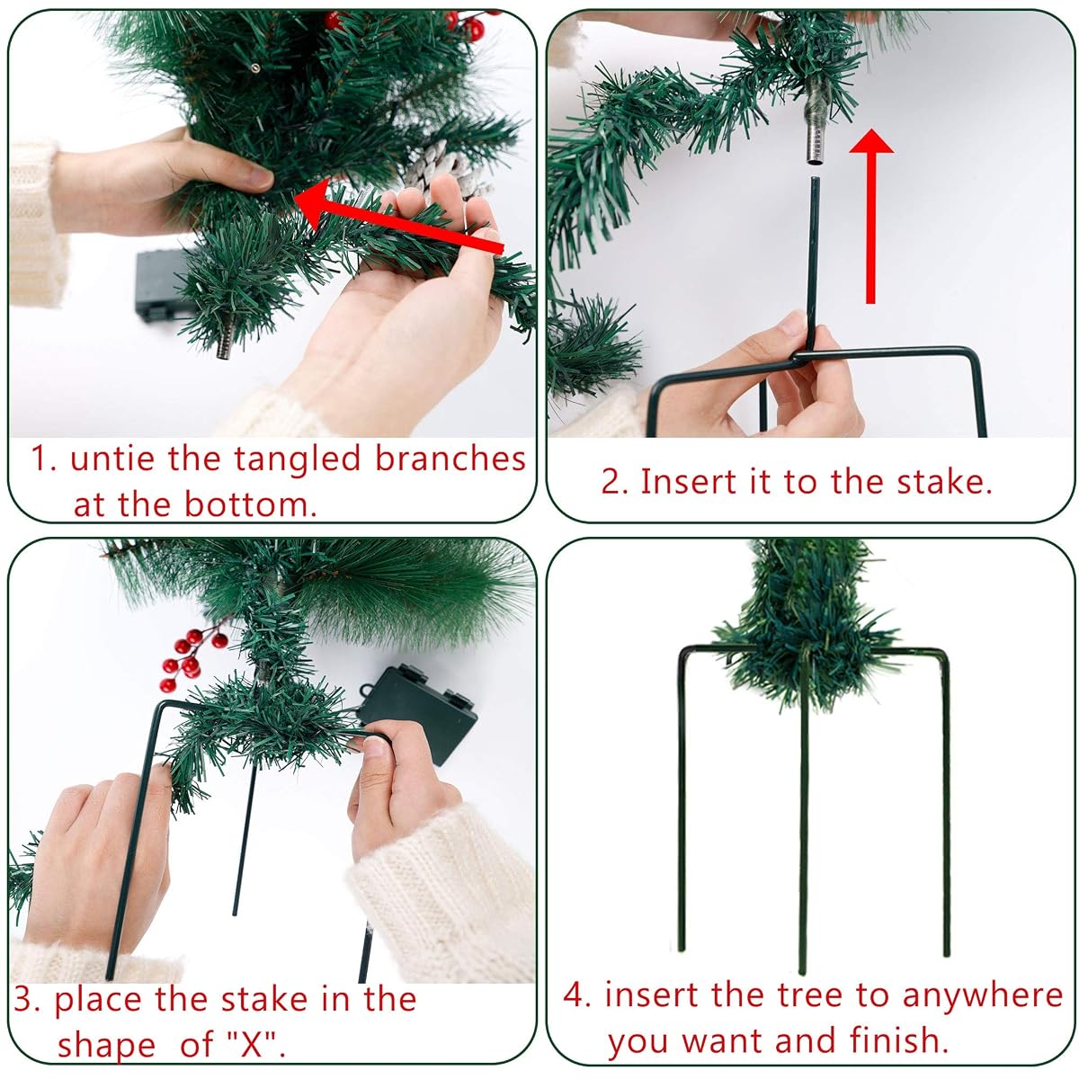 Lulu Home 2 Pack 2 Ft Pre-Lit Pathway Christmas Trees with Stake, Battery Operated 60 LED Lighted Small Christmas Trees Yard Stake Outdoor Decoration with Red Berries, Red Balls, Pine Cones - imagen de detalle 4