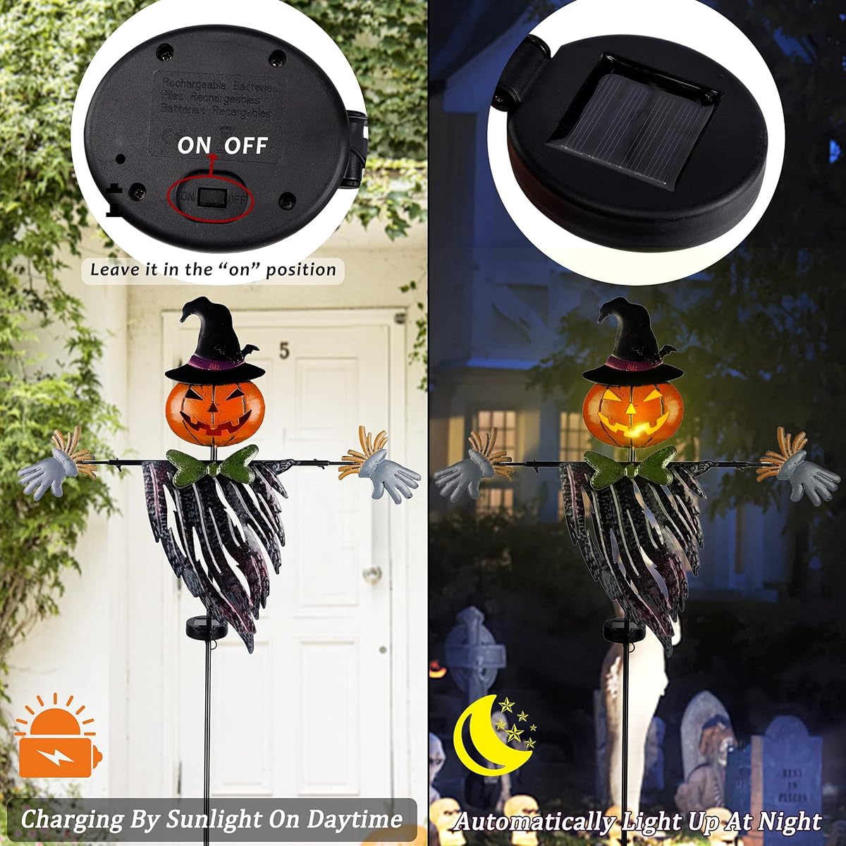 Lulu Home Halloween Yard Stake, 46.4" Solar Lighted Metal Pumpkin Head Scarecrow Stake, Outdoor Decoration Garden Lawn Driveway Yard Sign for Halloween - imagem de detalhe 2