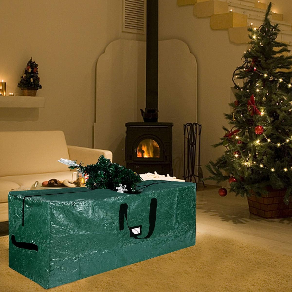 Lulu Home Christmas Tree Storage Bag, 50"x20"x15" Polyester Artificial Tree Storage Bag with Dual Zippers and Sturdy Handles, Fits Up to 7 Ft Disassembled Xmas Trees, Green - 细节图 6