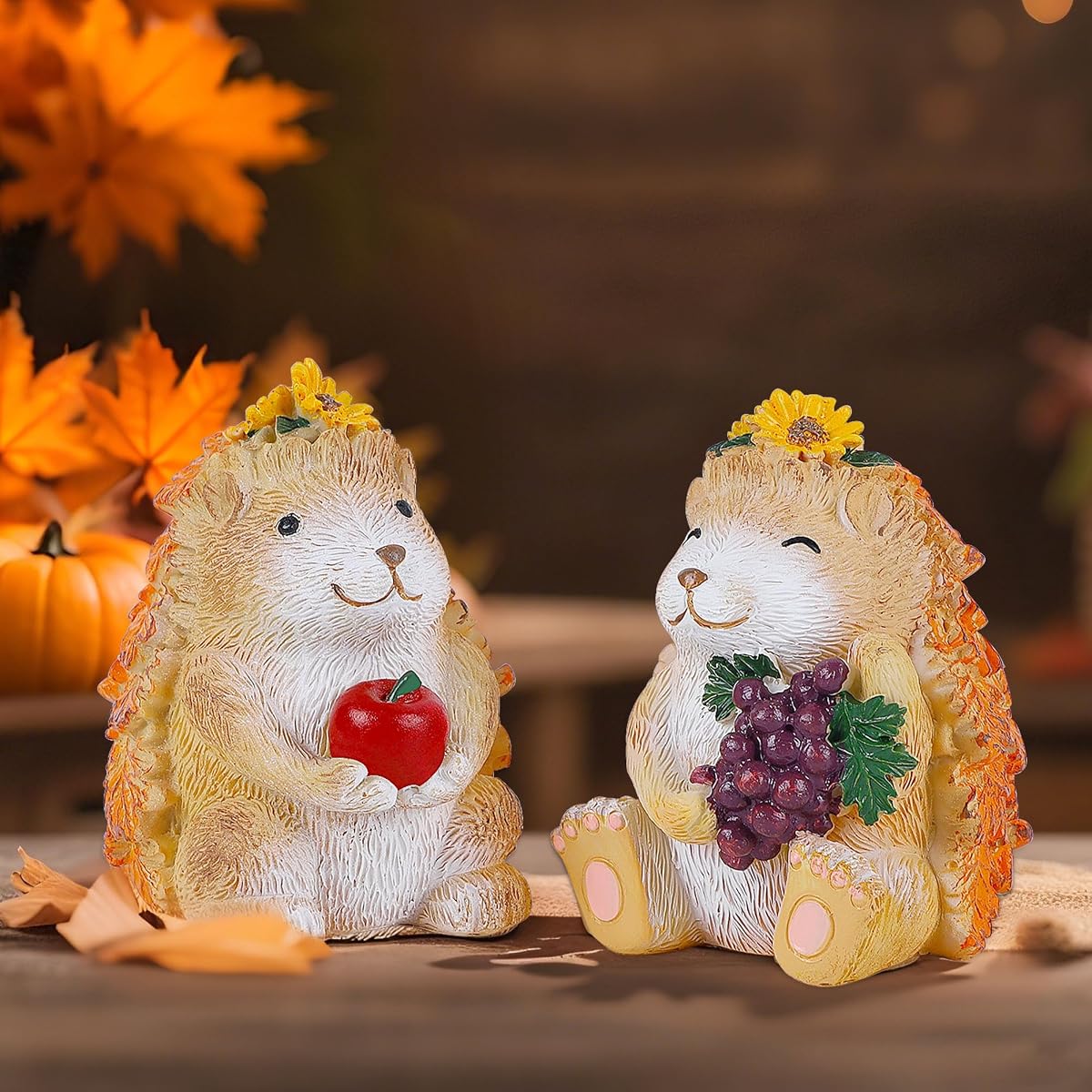 Lulu Home Fall Decorations for Home, 2 Packs Harvest Hedgehog Resin Sculpture with Maple Leaves & Fruits, Autumn Tabletop Ornaments Craft Decor for Thanksgiving and Fall Season - detail image 5