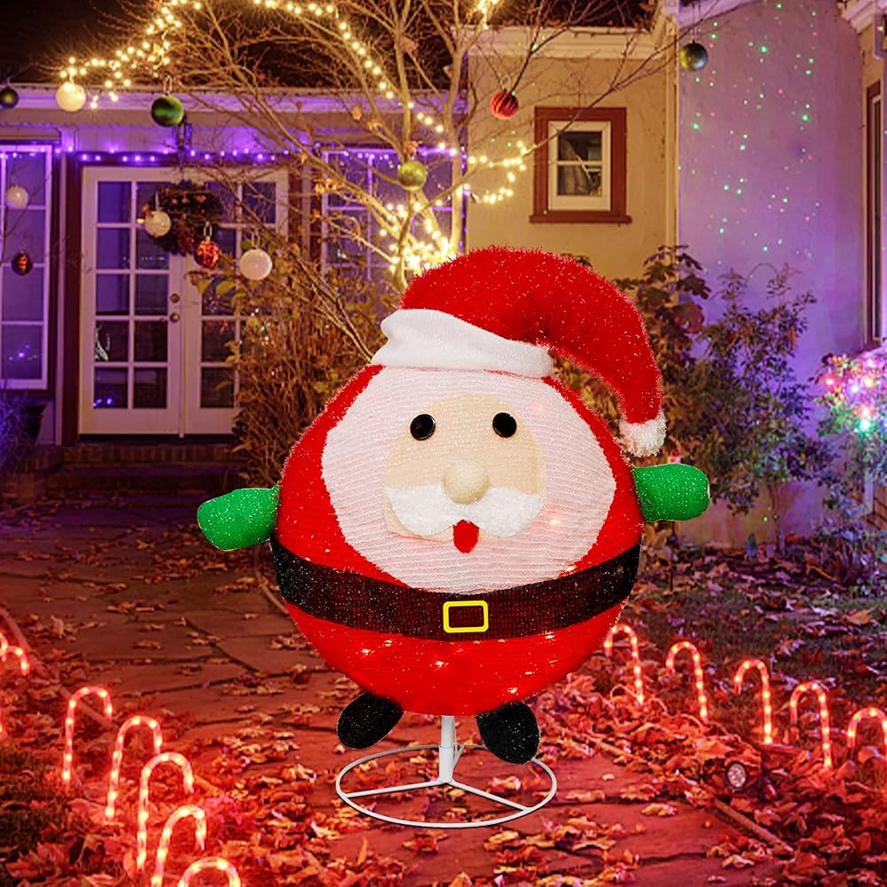 Lulu Home 23.6 Inch 48 LED Lighted Ball-Like Collapsible Santa Clause Ornaments with Clear Lights, Plug-in Foldable Light Up Adorable Father Christmas Yard Decor