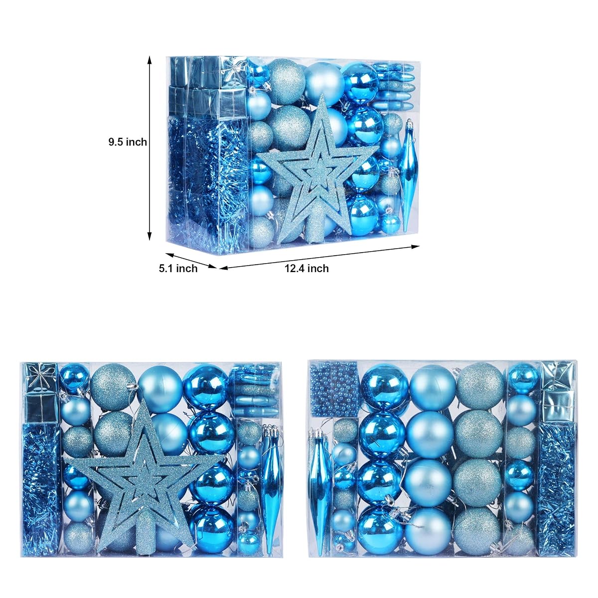 Lulu Home Assorted Christmas Tree Ornaments Set, 90 Pieces Including Balls Shuttle Five-Pointed Star Snowflakes Tree Top Star Mini Gift Boxes Tinsel Garland Bead Chain, Pre-Strung - imagem de detalhe 1