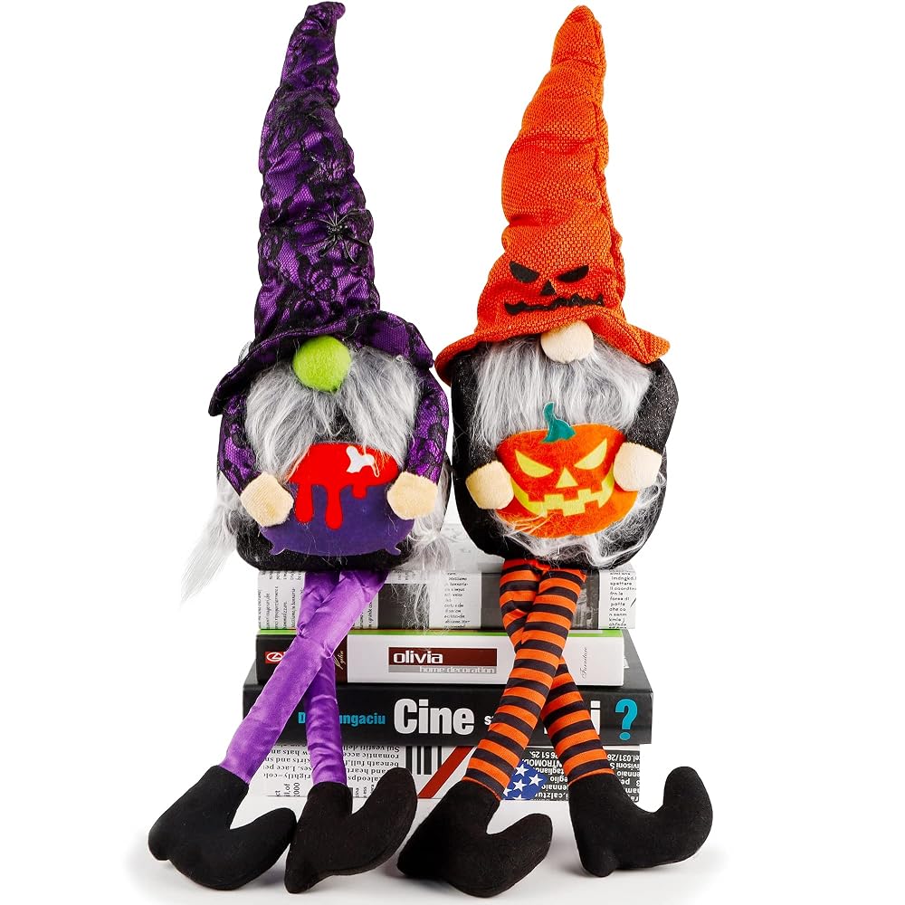 Lulu Home Halloween Gnome Decor, Set of 2 Stuffed Plush Dangle Leg Gnomes, Handmade Shelf Sitters Tomte Swedish Witch Gnome Ornaments for Halloween Home Party Decor, 28.1 x 5.9 Inch