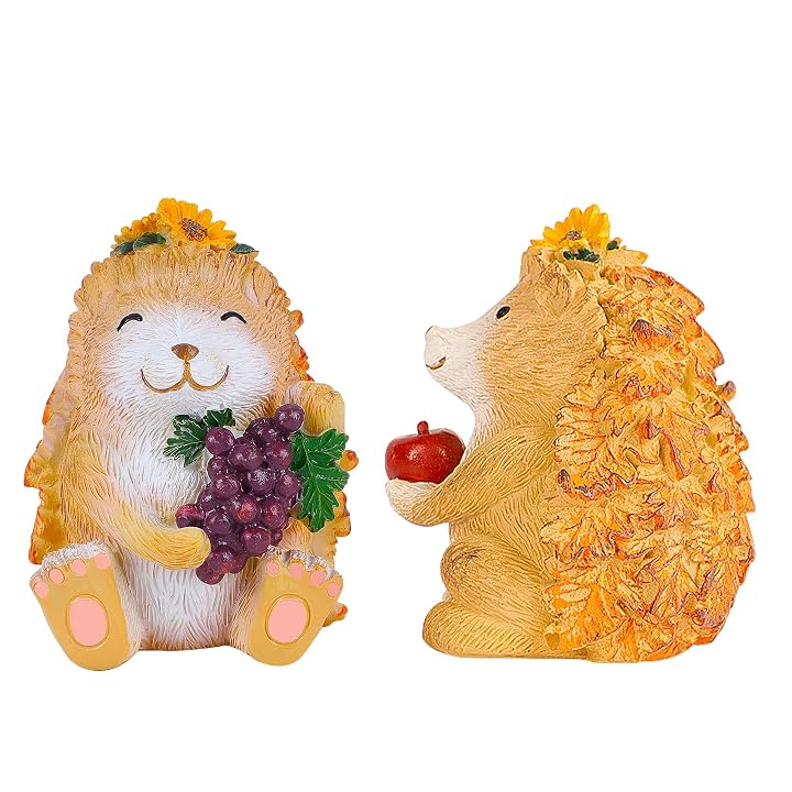 Lulu Home Fall Decorations for Home, 2 Packs Harvest Hedgehog Resin Sculpture with Maple Leaves & Fruits, Autumn Tabletop Ornaments Craft Decor for Thanksgiving and Fall Season