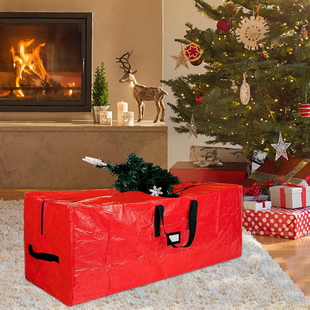 Lulu Home 50" L x 20" W x 15" H Christmas Tree Storage Bag, Red Polyester Artificial Tree Storage Bag with Dual Zippers and Sturdy Handles, Portable Waterproof for Easy Xmas Tree Storage - detail image 4