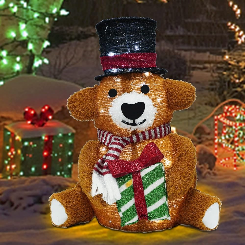 Lulu Home Christmas Collapsible Brown Bear Decoration, 24 Inch 48 LED Christmas Lighted Brown Bear Ornaments with Clear Lights, Plug-in Christmas Light Up Brown Bear Indoor Outdoor Yard Holiday Decor