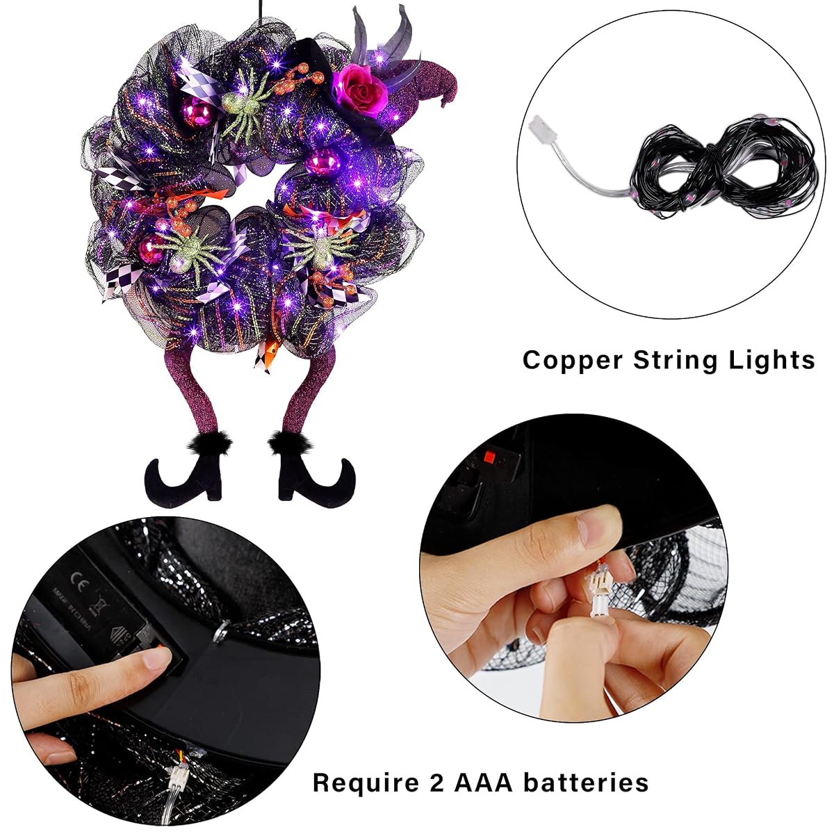 Lulu Home Halloween Front Door Wreath, Purple LED Lighted Witch Hat Wreath, Battery Operated, NOT PRELIT - imagem de detalhe 4