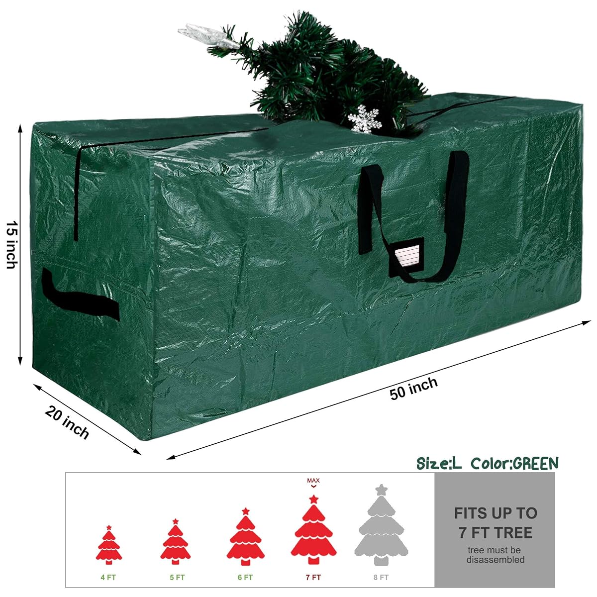 Lulu Home Christmas Tree Storage Bag, 50"x20"x15" Polyester Artificial Tree Storage Bag with Dual Zippers and Sturdy Handles, Fits Up to 7 Ft Disassembled Xmas Trees, Green - 细节图 1