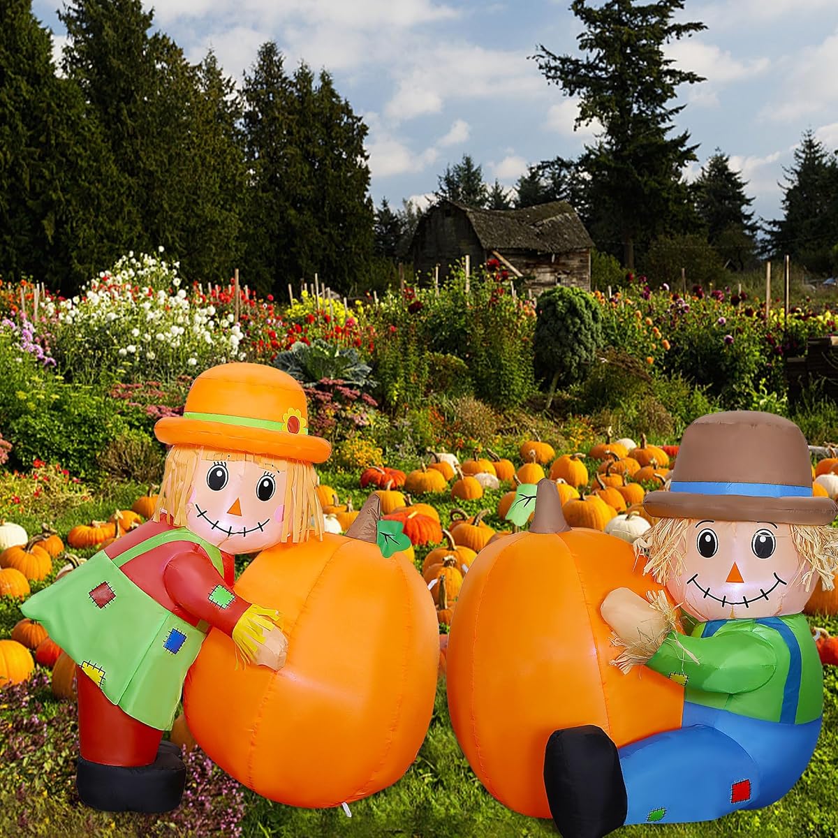 Lulu Home Thanksgiving Inflatable Decoration, Set of 2 Air Blown Scarecrow Couples with Built-in LED Lights for Fall Autumn Harvest Decor (Sitting & Standing Scarecrows) - imagem de detalhe 3