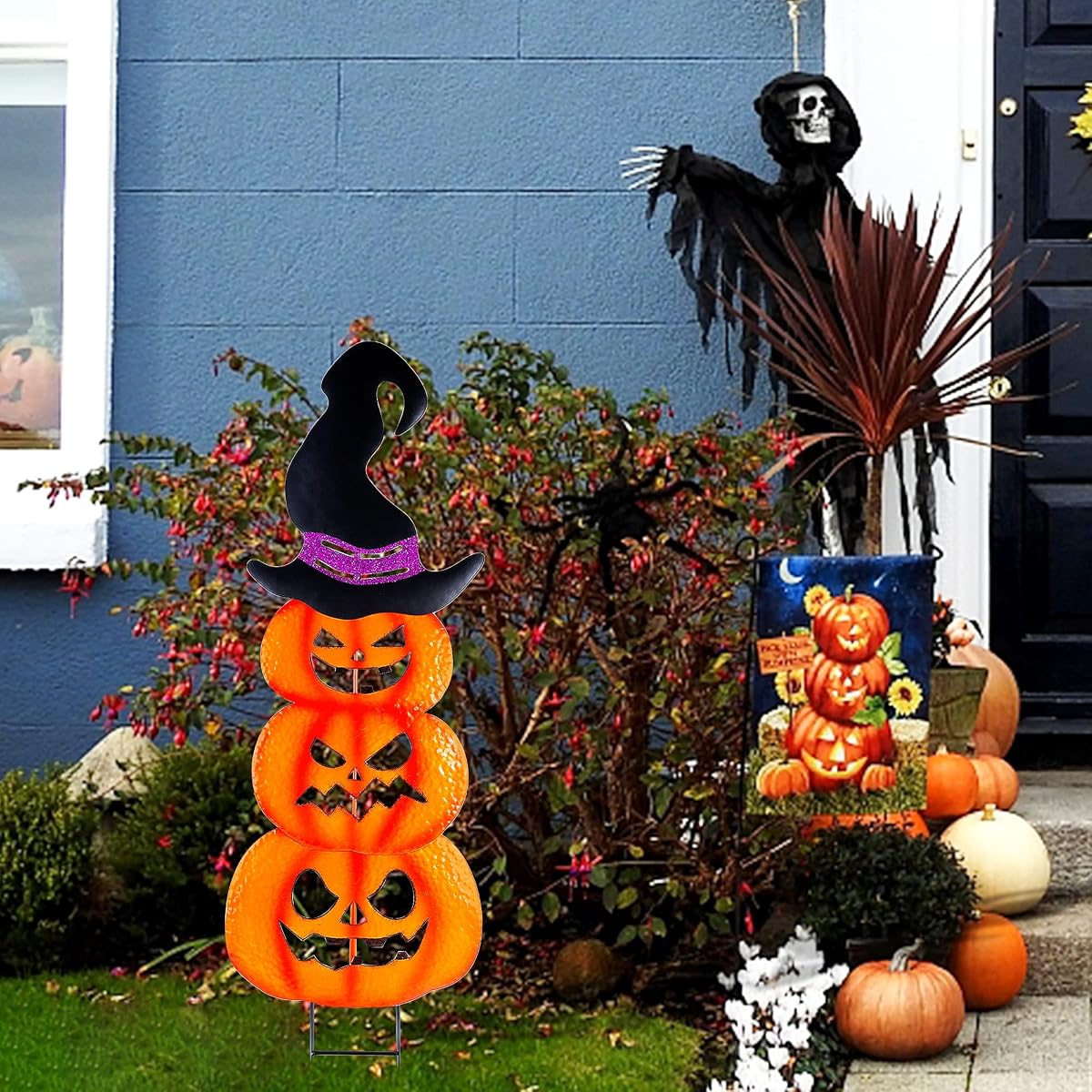 Lulu Home Halloween Yard Stake, 42" Metal Stacked Jack-O-Lanterns with Witch Hat, Halloween Pumpkin Yard Sign Stakes for Outdoor Front Yard Lawn Garden Decorations - imagem de detalhe 3