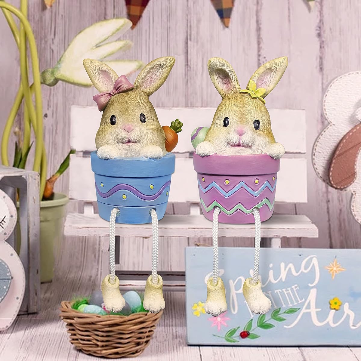 Lulu Home Easter Bunny Figurine, Set of 2 Resin Pot Bunny Shelf Sitters with Dangling Legs, Cute Modern Easter Statue Tabletop Sculpture Centerpieces Decorations - imagen de detalle 5