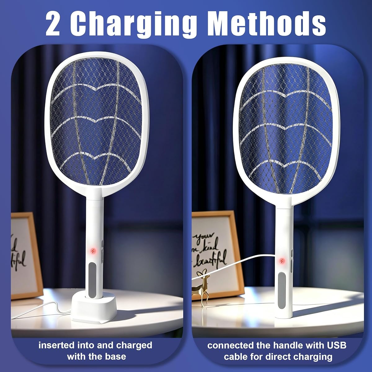 Lulu Home 2-in-1 Electric Bug Zapper Racket, 2 Pack 4000V High Voltage LED Lighted Handheld Mosquito Swatter with 3 Layer Safety Mesh, USB Charging Portable Fly Killer Racquet - detail image 4