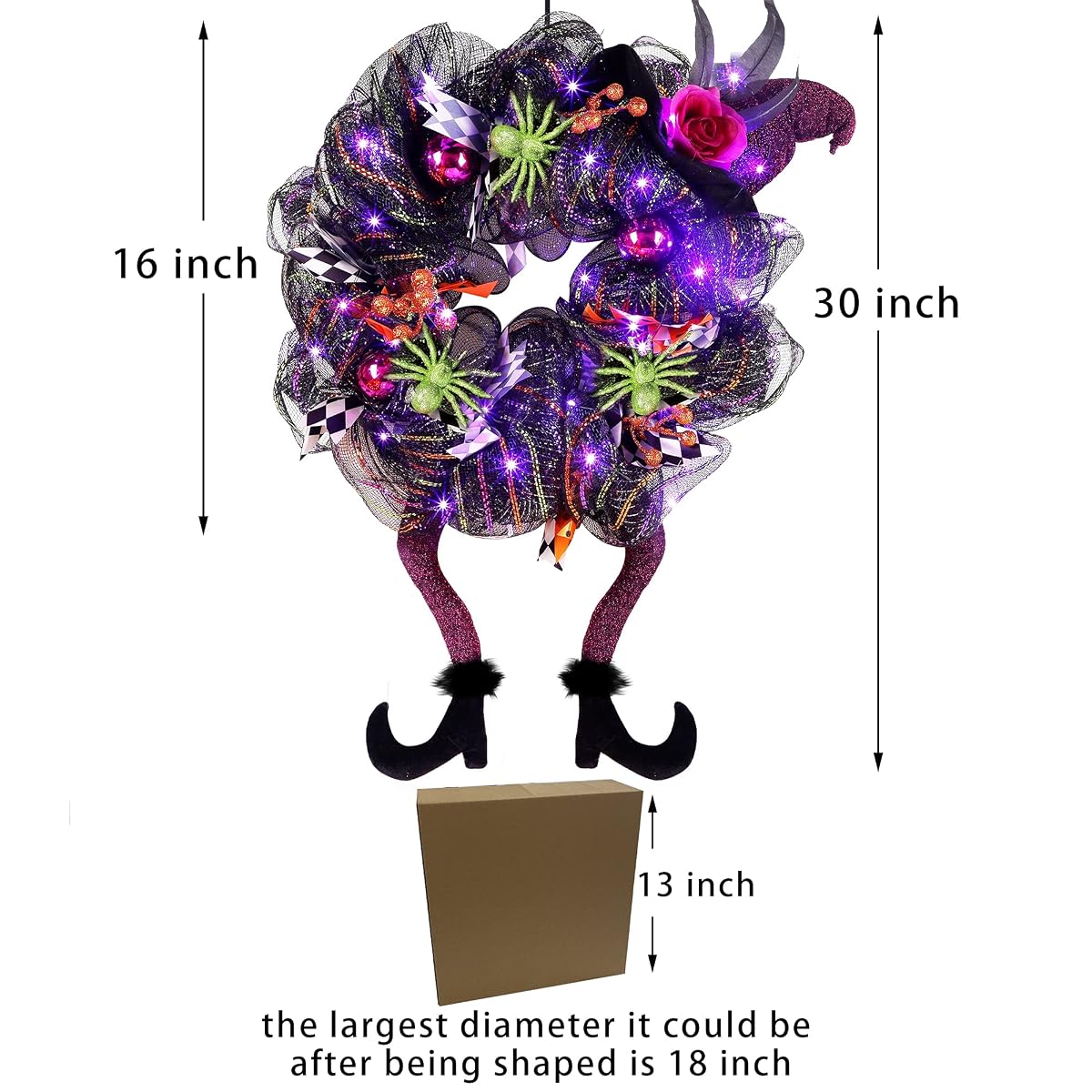Lulu Home Halloween Front Door Wreath, Purple LED Lighted Witch Hat Wreath, Battery Operated, NOT PRELIT - imagem de detalhe 1