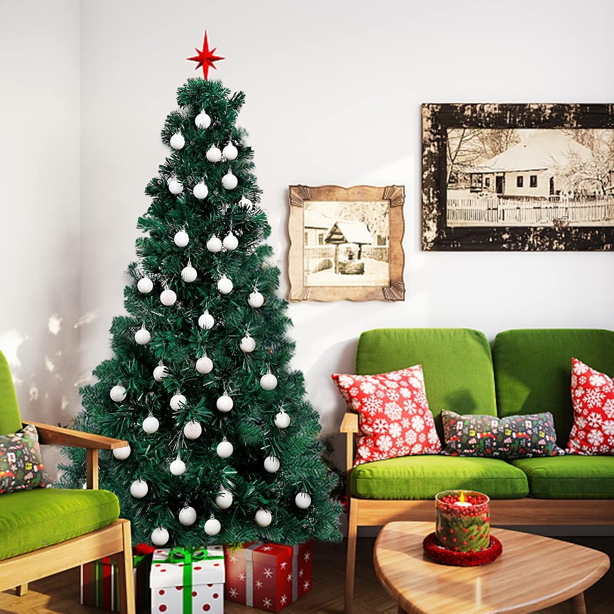 Lulu Home Christmas Ball Ornaments, 34 Ct 1.57" Pre-Strung Hanging Ornament Decorations, Xmas Shatterproof Plastic Balls for Holiday Party Wreath Garlands Trees, White - imagem de detalhe 5