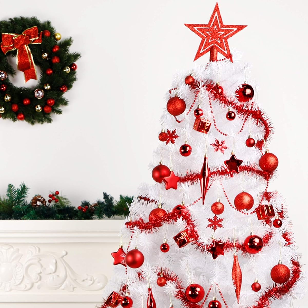 Lulu Home Christmas Assorted Ball Ornaments, 90 Pieces Including Balls Shuttle Five-Pointed Star Snowflakes Tree Top Star Mini Gift Boxes Tinsel Garland Bead Chain for Xmas, Pre-Strung - imagem de detalhe 5