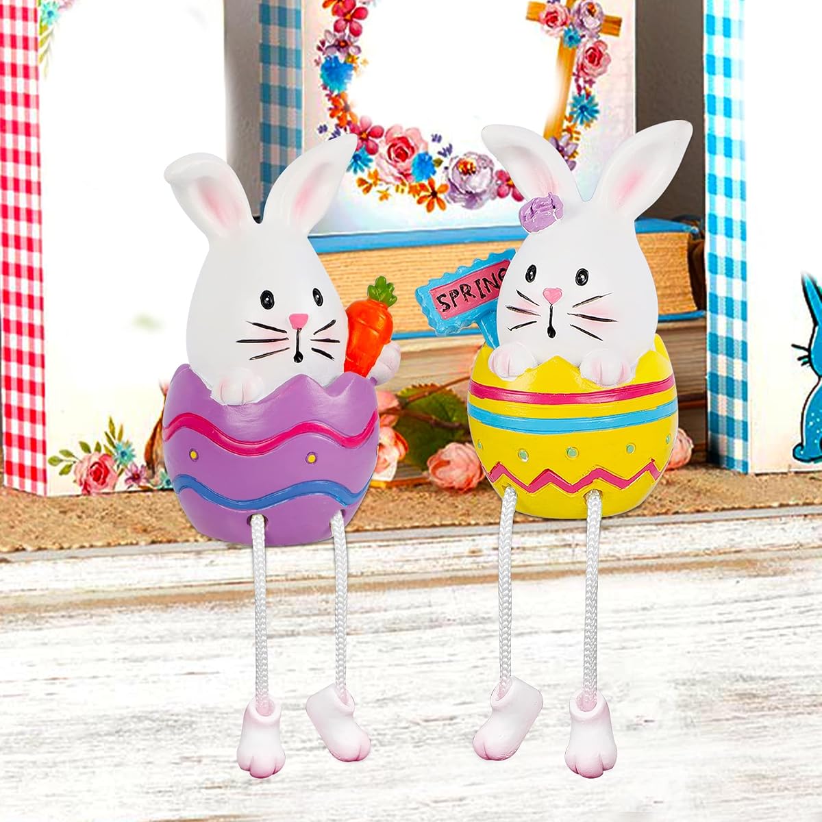 Lulu Home Easter Bunny Figurines, 2 Pack Resin Easter Egg Bunny Shelf Sitters with Dangling Legs, Modern Statue Easter Sculpture for Tabletop Centerpieces Window Sill Decorations - imagen de detalle 4