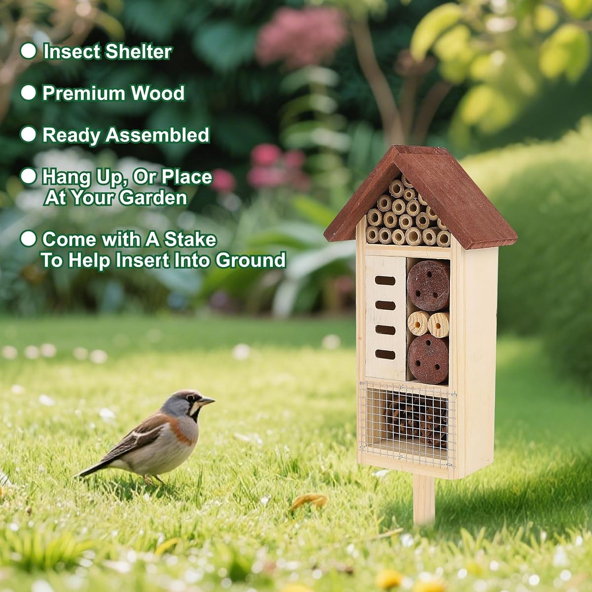 Lulu Home Wooden Insect House with Stake, Hanging & Inserting Two Mount Ways Insect Hotel for Bee, Butterfly, Ladybirds, Beneficial Insect Habitat, Bug Hotel Garden, 19.7 X 3.4 X 5.4 Inch - imagen de detalle 4