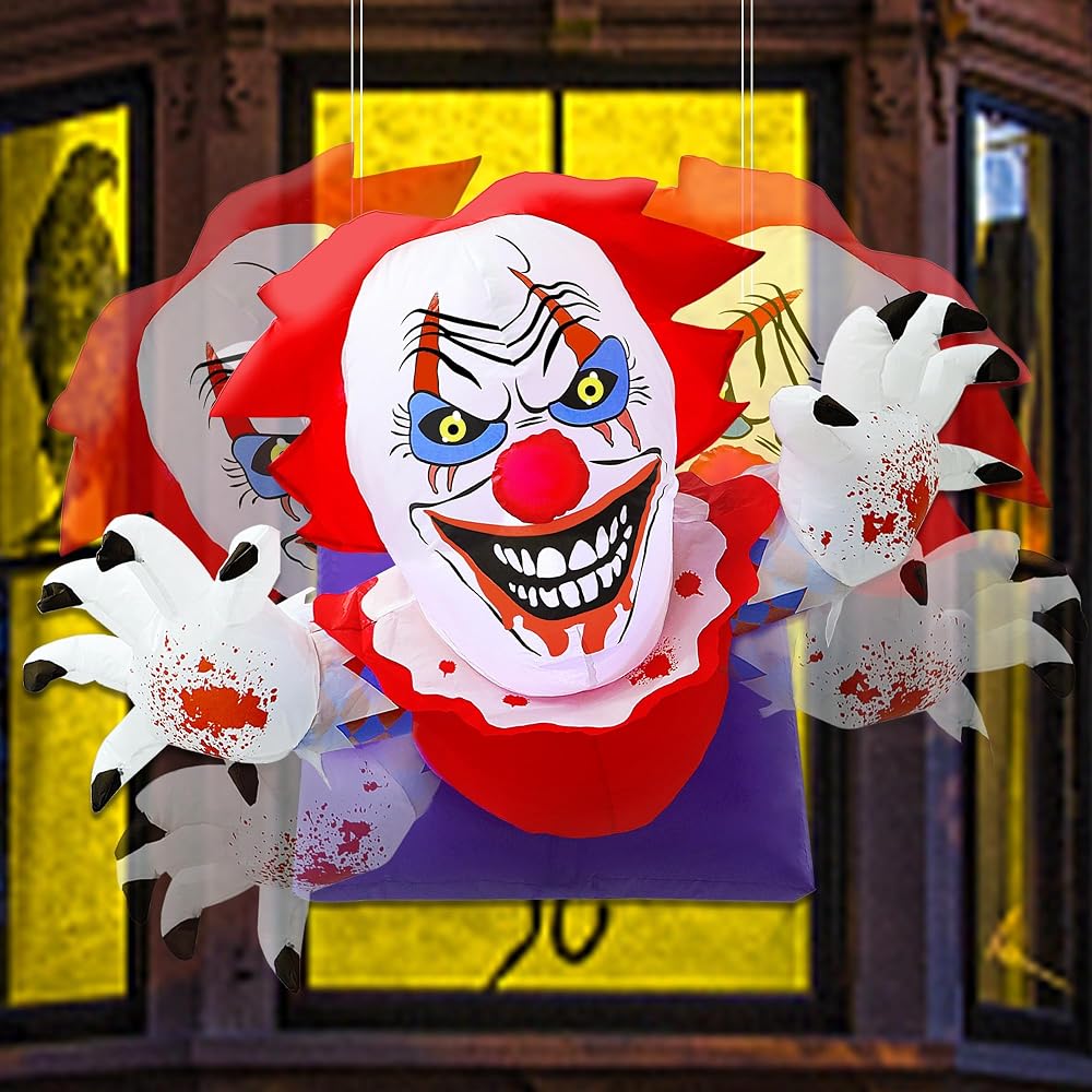 Lulu Home 4.1FT L Halloween Inflatable Clown Decoration, Light Up Air-Blown Scary Clown Broke Out from Windows with Rotating Head for Walls Front Doors Haunted House Holiday Hanging Display